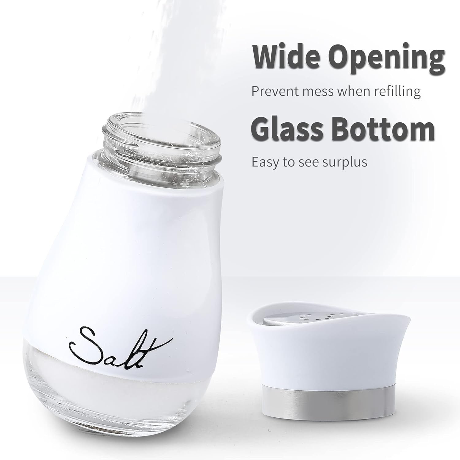 Salt and Pepper Shakers Set - Salt Containers for Kitchen Decor, 4 Oz Glass Bottom, Black and White, Set of 2