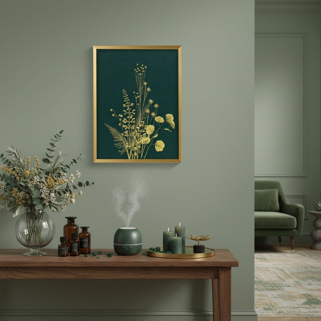 Hand-Painted Gold Gilded Wall Art, Luxury Emerald Green 3D Textured Floral Pictures with Frame 12X16 