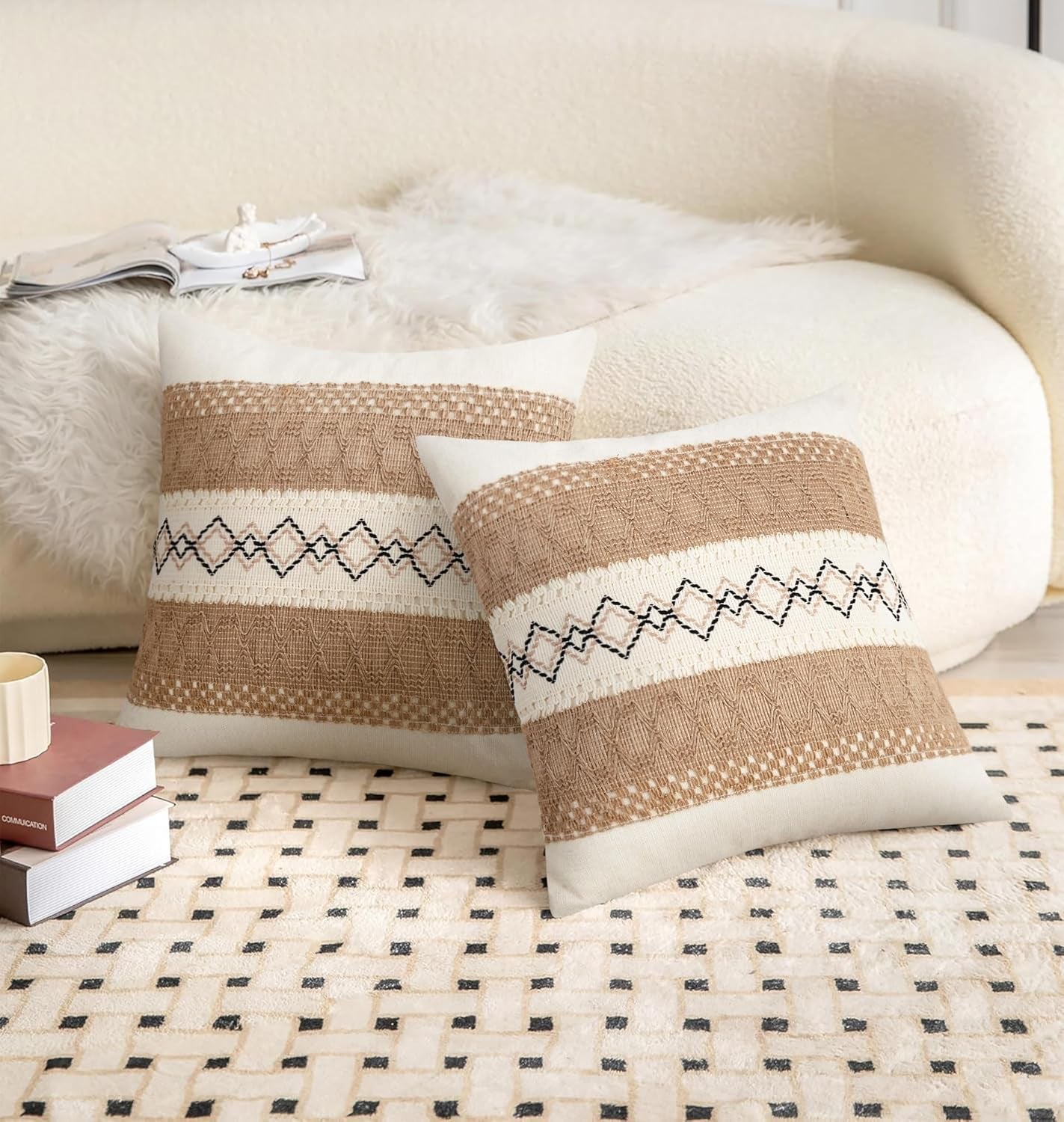 Pack of 2 Boho Throw Pillow Covers 18X18 Inch Farmhouse Decorative, Beige Modern