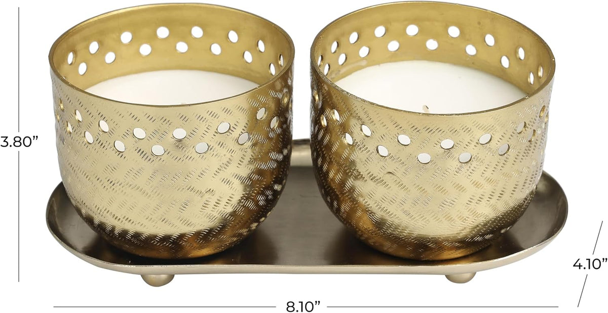 Deco 79 Metal Candle Egyptian Mint Scented Cutout Spotted 7 Oz 1 Wick with White Wax, Set of 2 8" W, 4" H, Gold