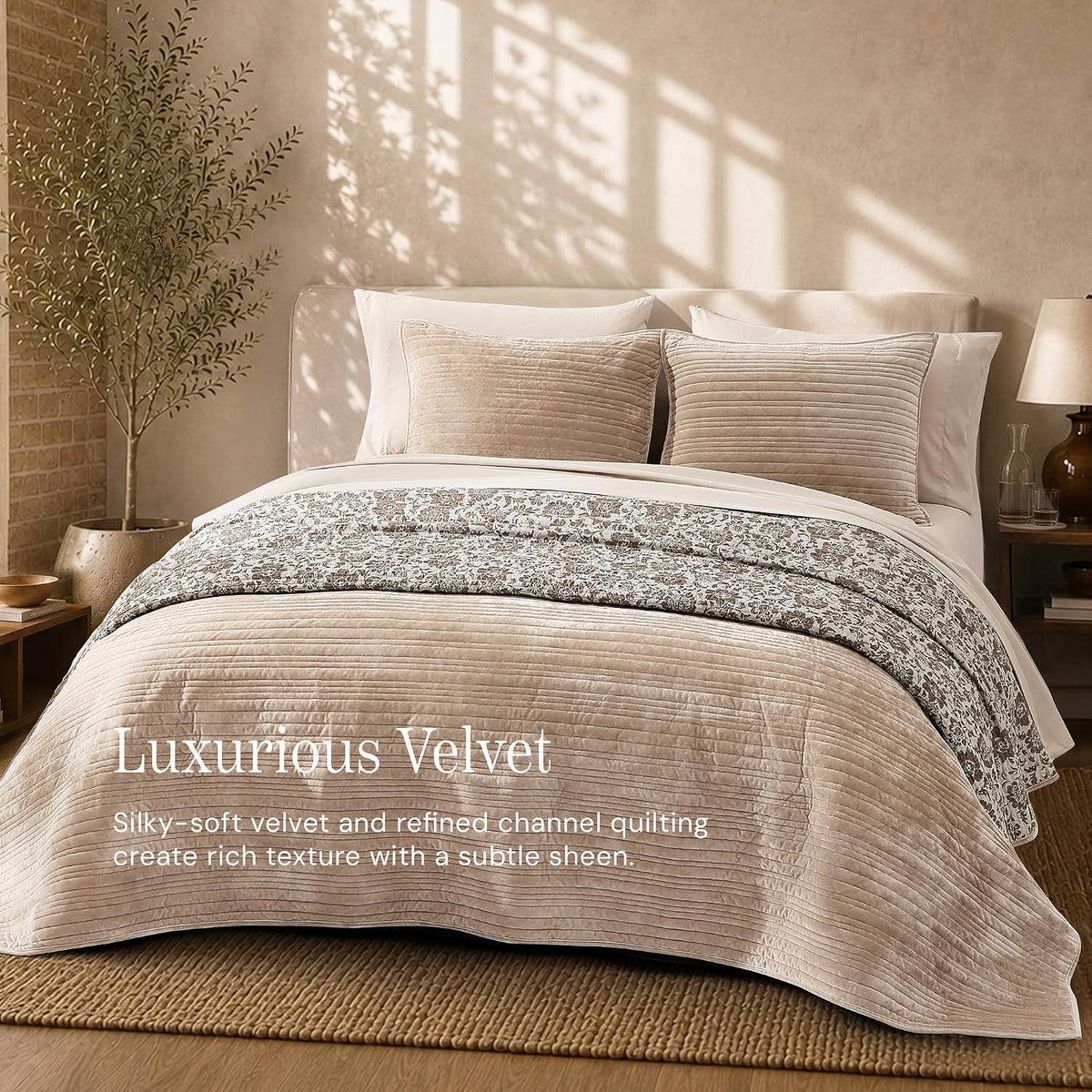 Taupe Velvet Quilt King Size - Reversible King Quilt Bedding Set