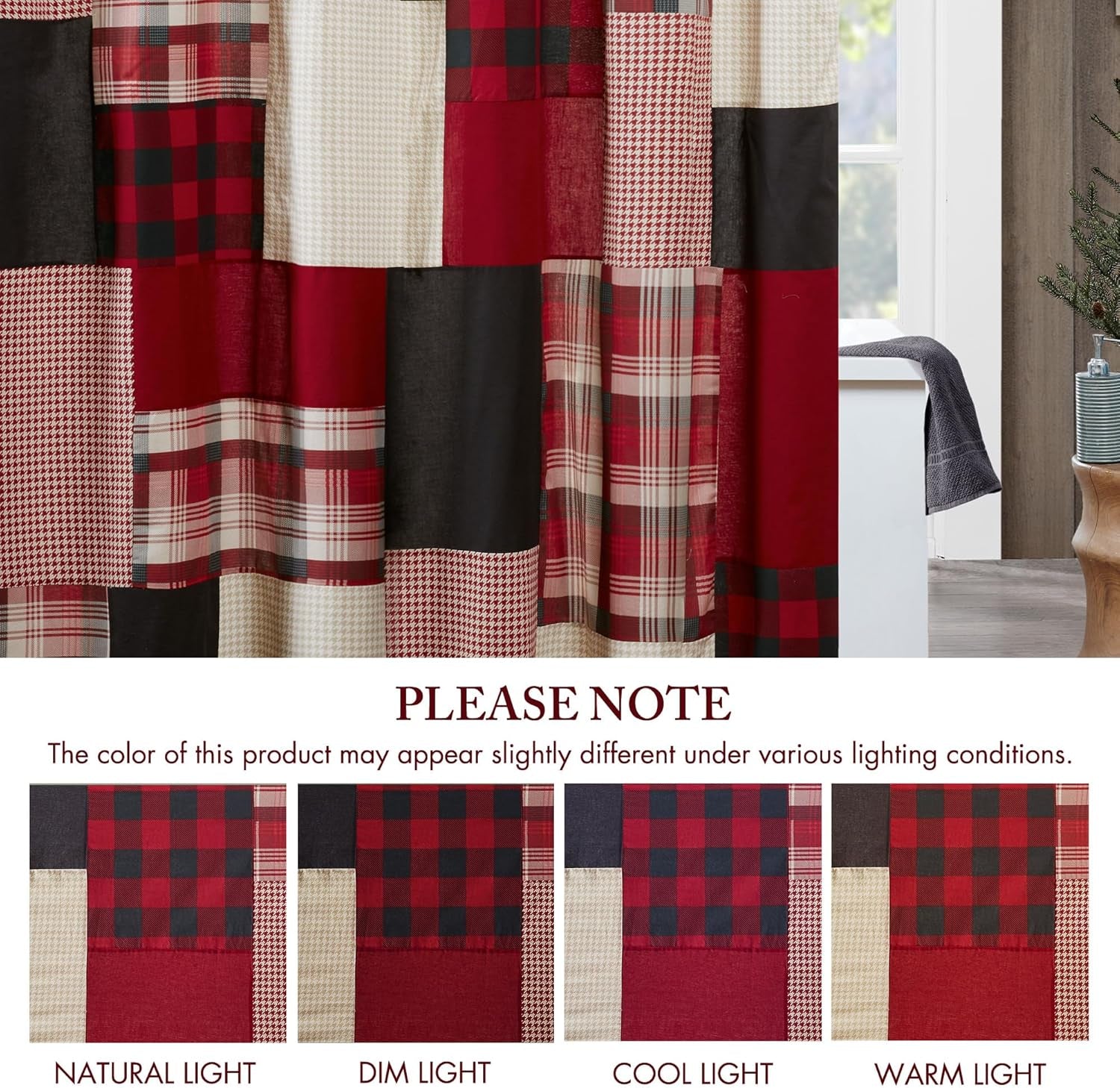 Sunset Cotton Shower Curtain, Plaid Lodge/Cabin Shower Curtains for Bathroom, 72 X 72, Red