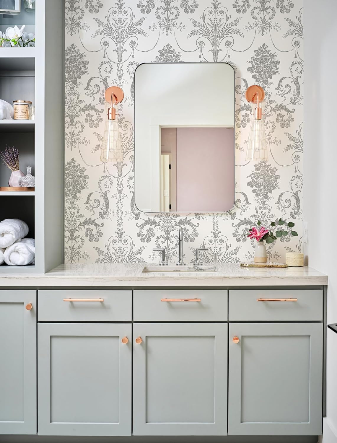 Silver Gray Damascus Wallpaper Floral Damask Peel and Stick Wallpaper Boho Grey Flower Contact Paper Removable 17.3" X 197"