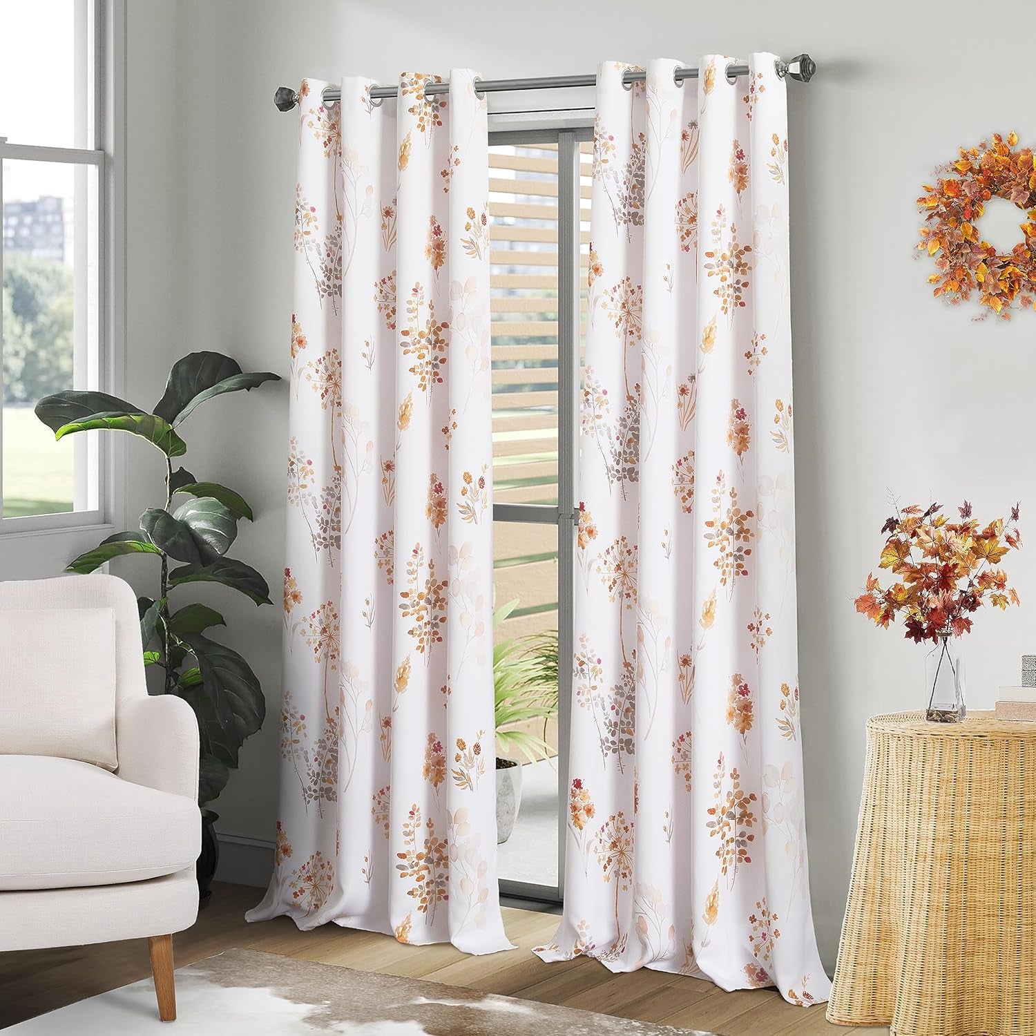 Floral Pattern Curtains ,52X84 Inches Long, Rust Colored Brown and White, 2 Panels