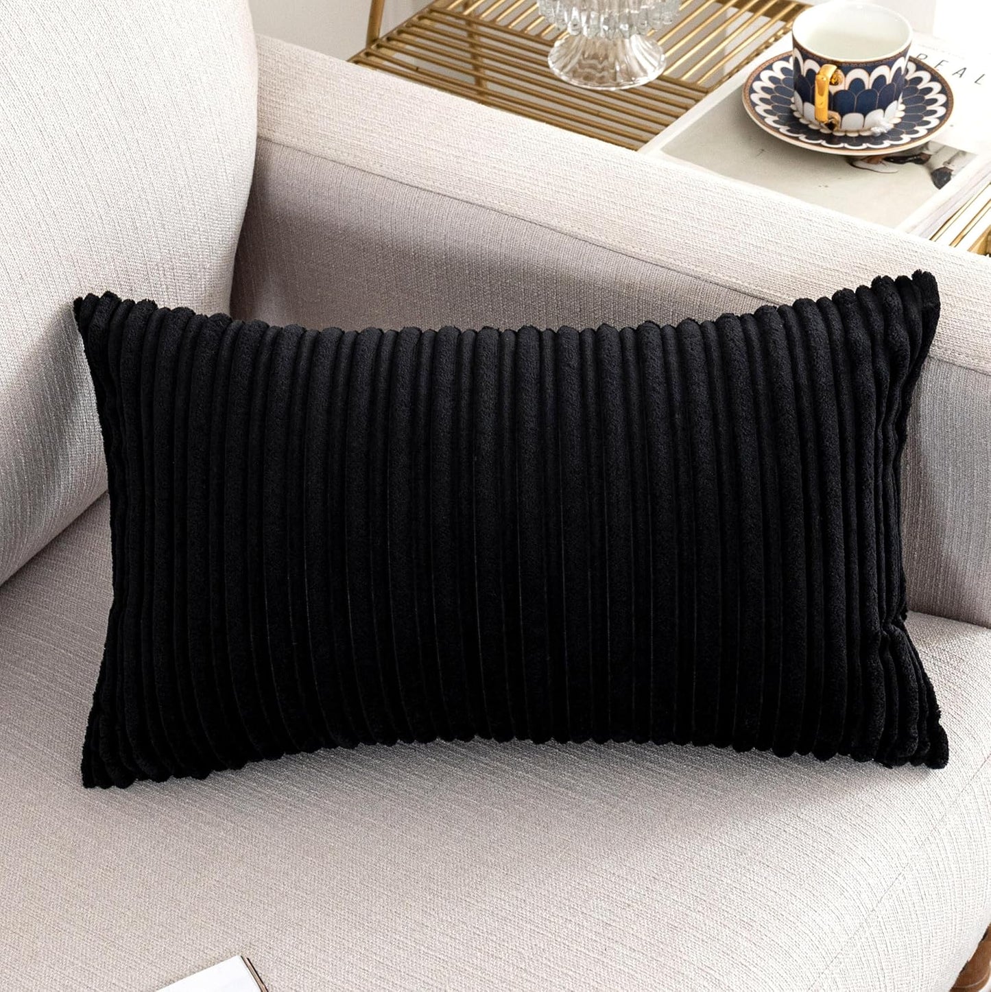 UGASA Velvet Lumbar Throw Pillow Cover, Both Sides Corduroy Striped Soft Solid, 12X20 Inch, Black