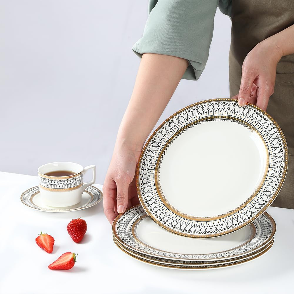 Golden Line Dinner Plates,10.5" Ceramic Plates Set of 4