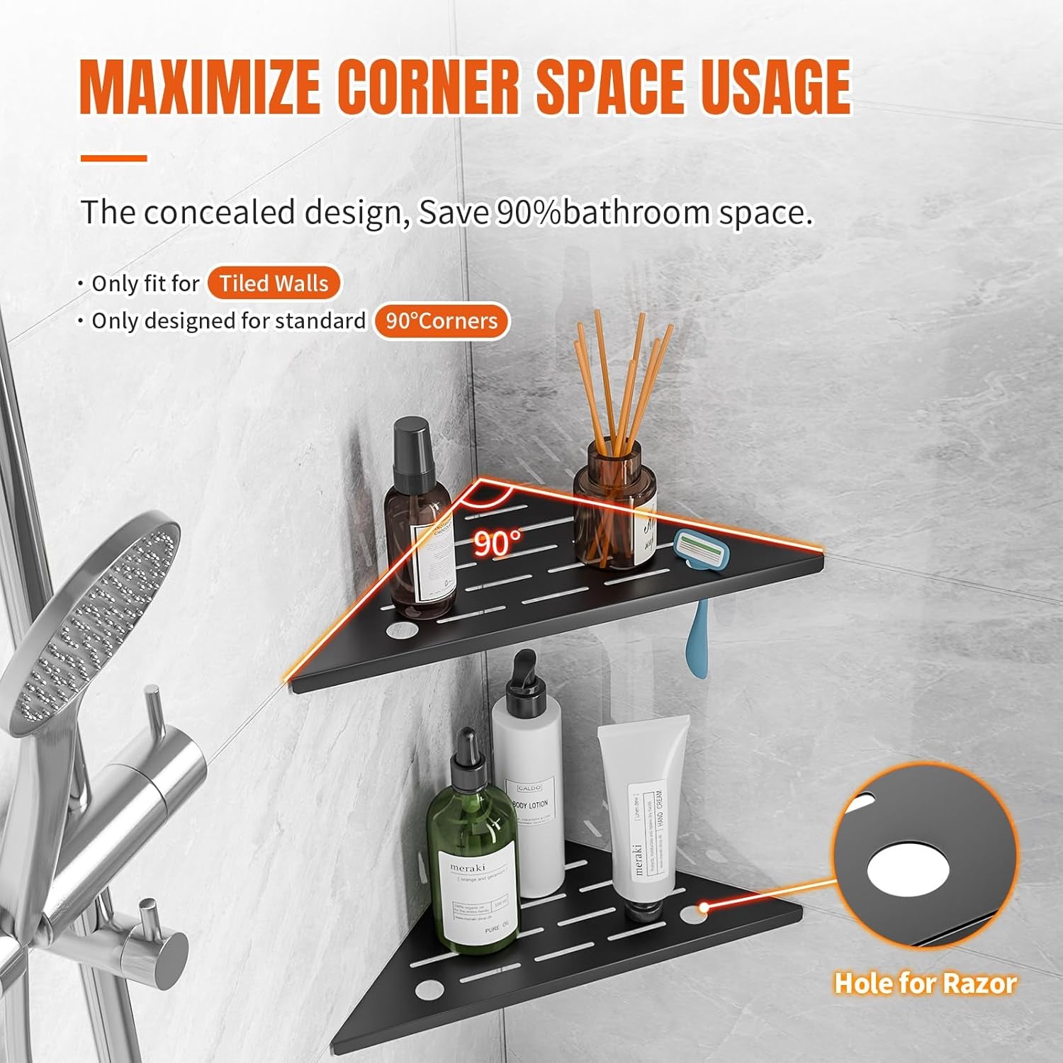 Shower Corner Shelf with Razor Hole, Modern Sturdy Shower Caddy, 10" Rustproof Stainless Steel Shower Organizers Bathroom Shelf for Tile Wall, No Drilling