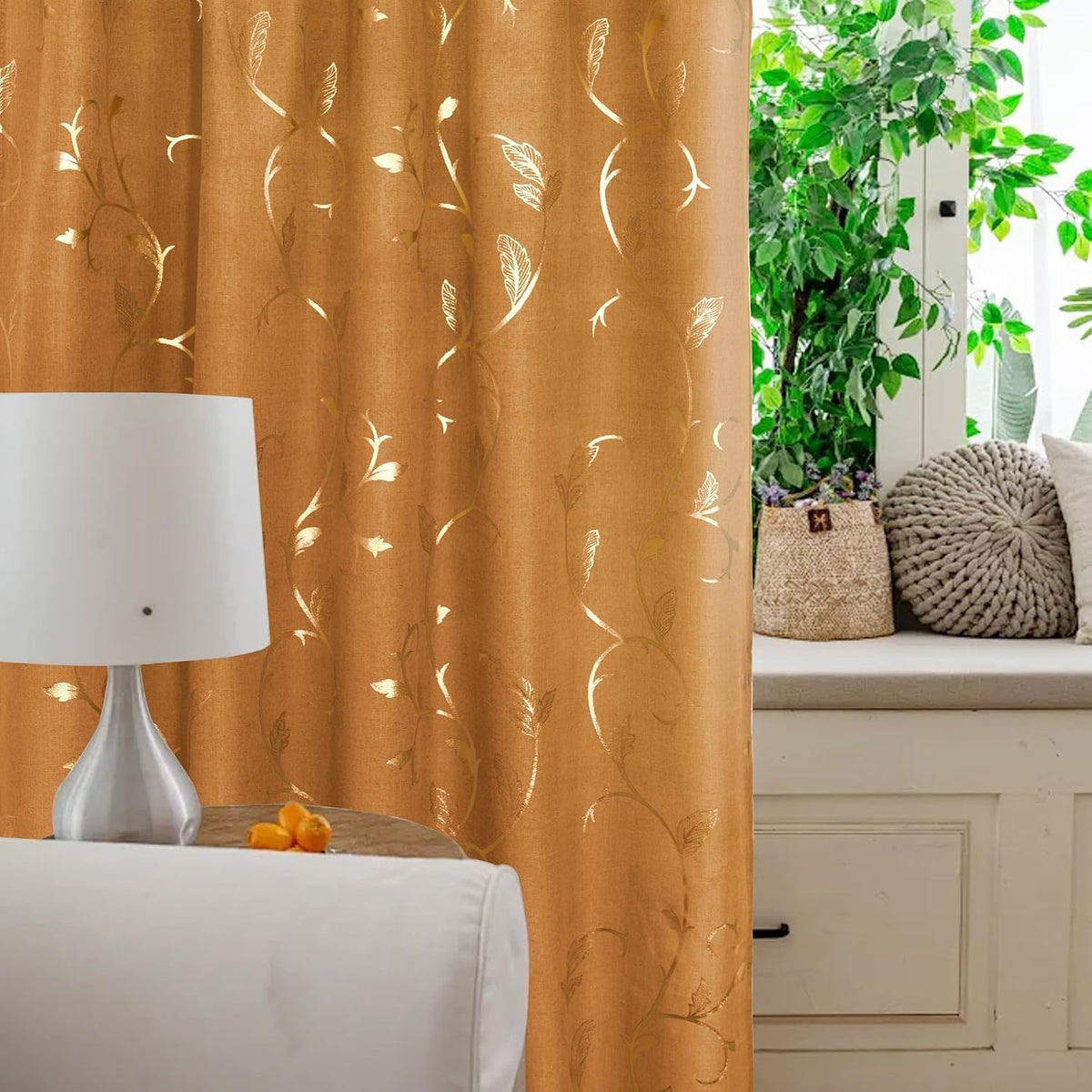 Semi Sheer Curtain 2 Panels Gold Vine Foil Print Floral Textured Linen Blended Voile Window Curtains Light Filtering Sheers Window Treatment Rod Pocket, 52 X 72 Inch, Burnt Orange