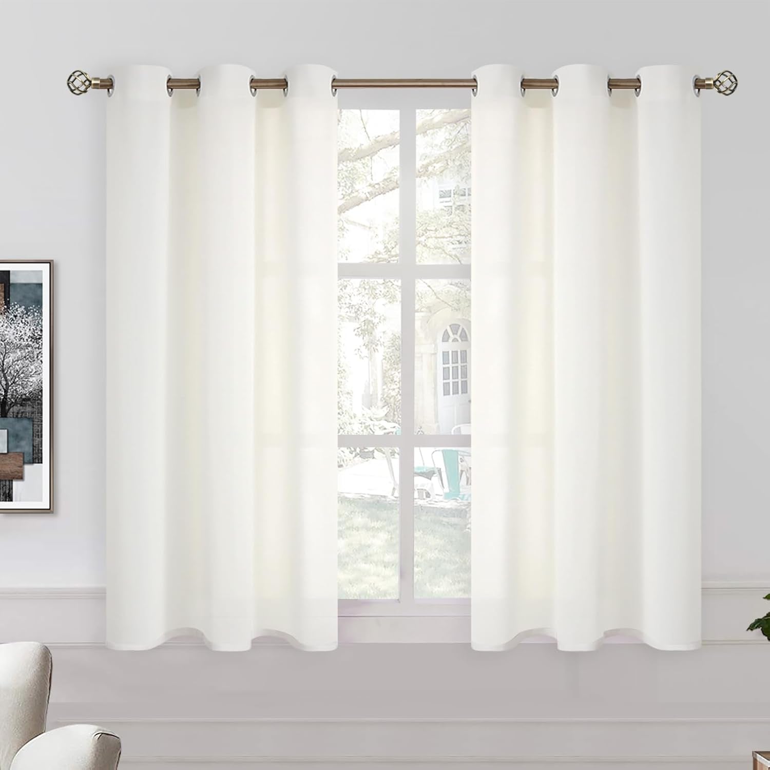 Short Cream Sheer Curtain, 45 Inch Length, 2 Panels (38 X 45 Inch, Ivory Cream)