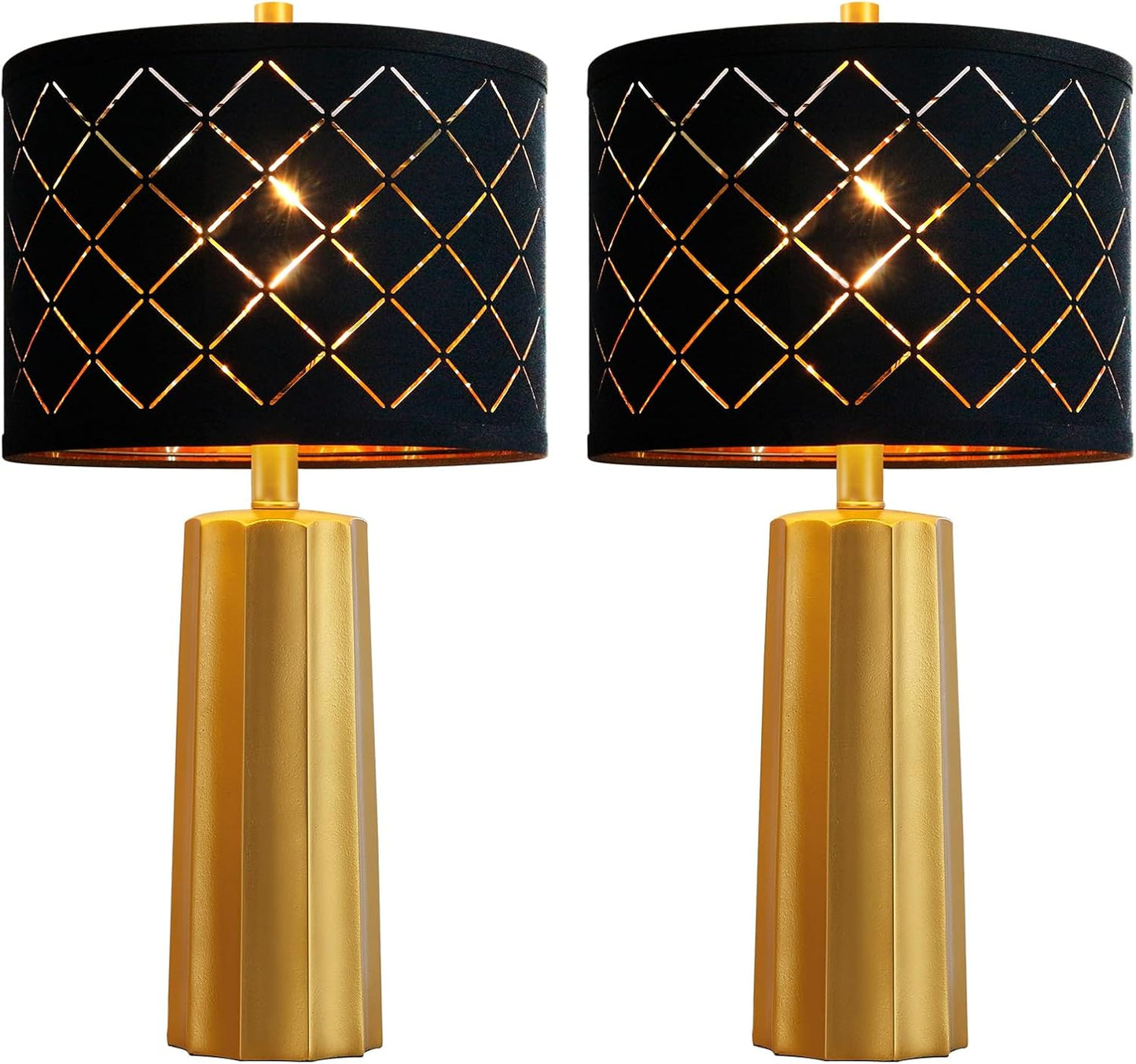 Set of 2 Modern Table Lamps, Gold Nightstand Resin Lamps with Black Grid Shade, 2 Bulbs Included (Gold)
