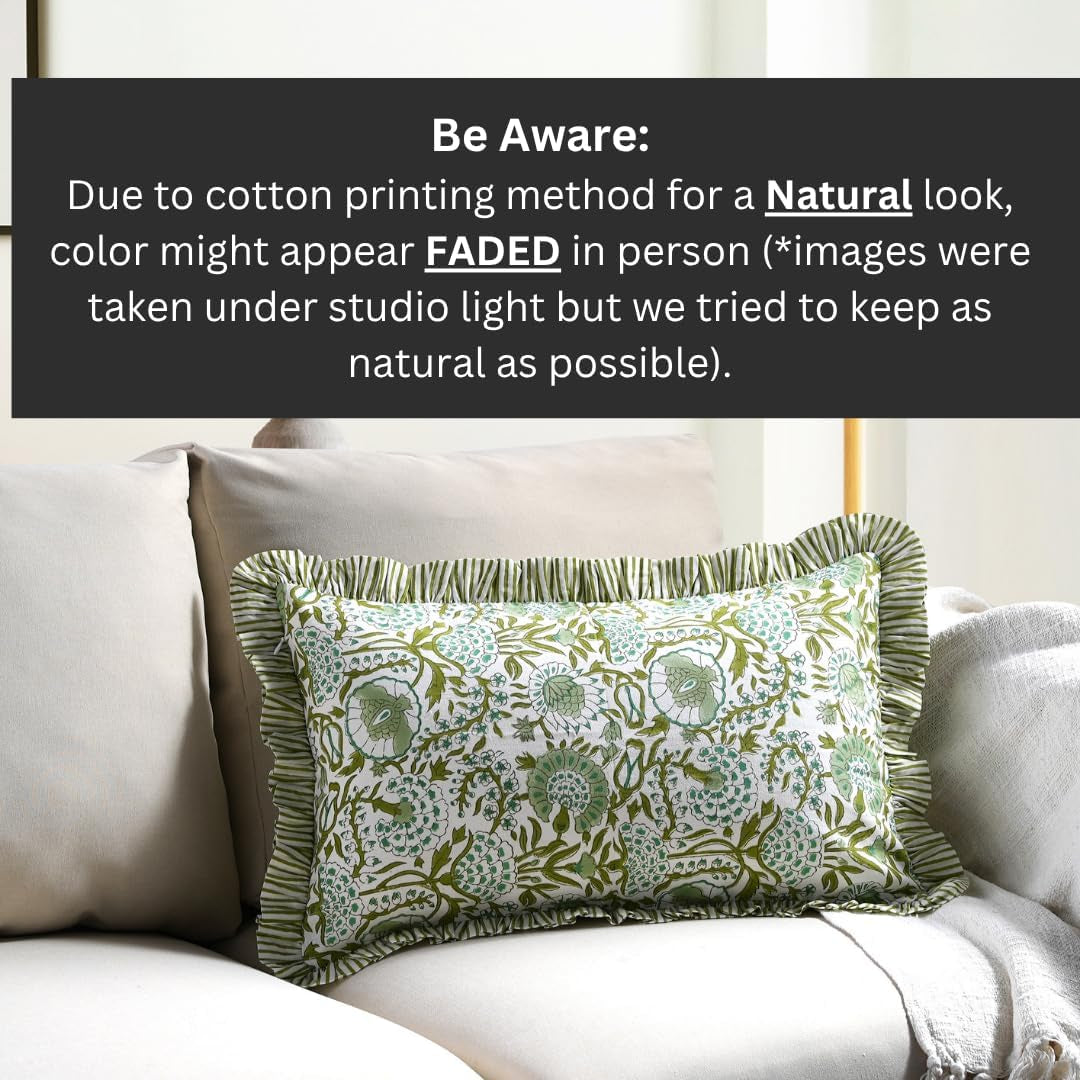 CPC Agate Green 100% Cotton Block Print Ruffle Sham Cover 12X20 Inch