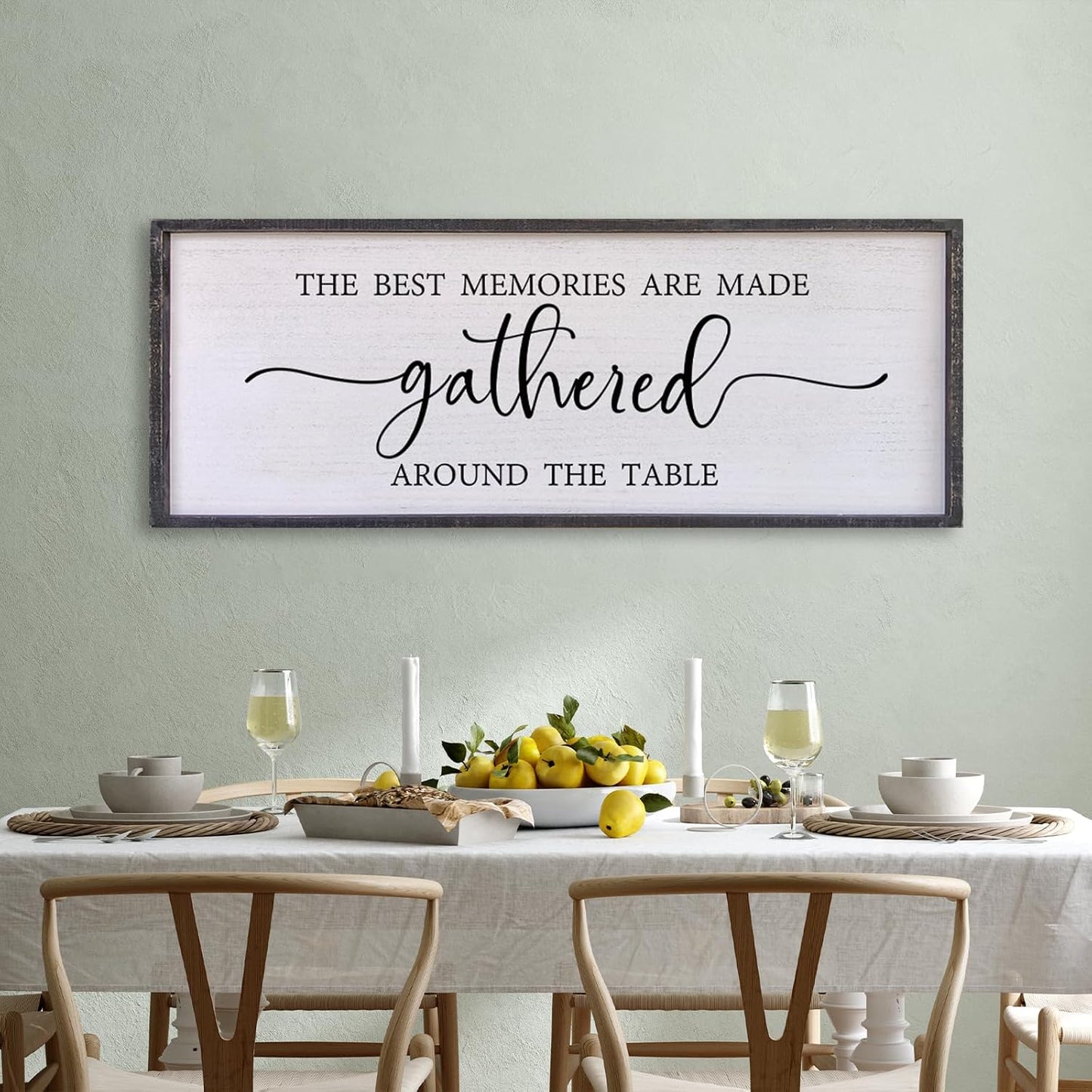 The Best Memories Are Made Gathered around the Table Wall Decor 40"X15" Large Rustic Farmhouse Wood Framed (Black)