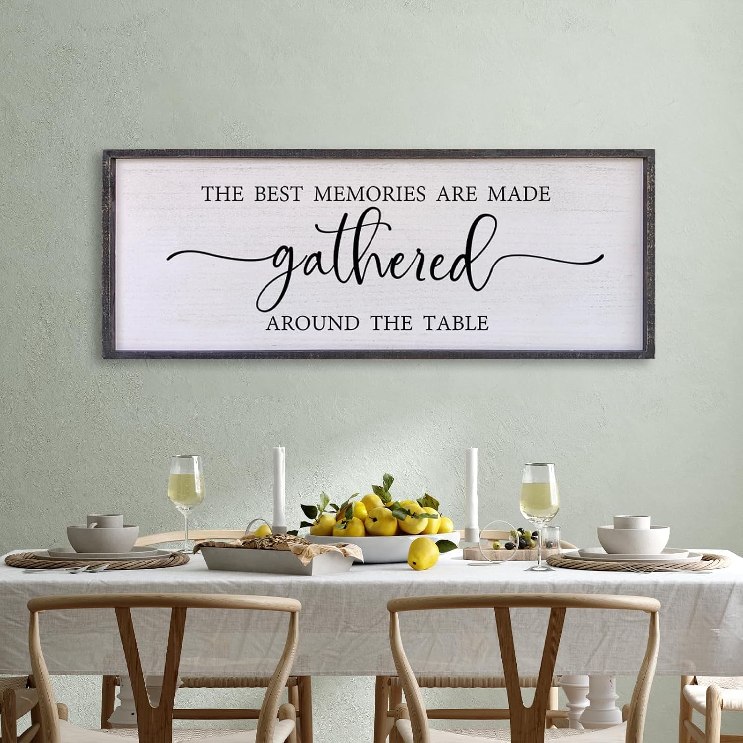 The Best Memories Are Made Gathered around the Table Wall Decor 40"X15" Large Rustic Farmhouse Wood Framed (Black)
