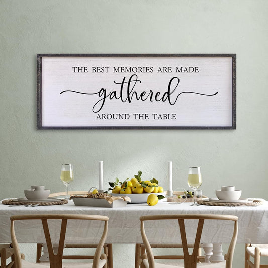 The Best Memories Are Made Gathered around the Table Wall Decor 40"X15" Large Rustic Farmhouse Wood Framed (Black)