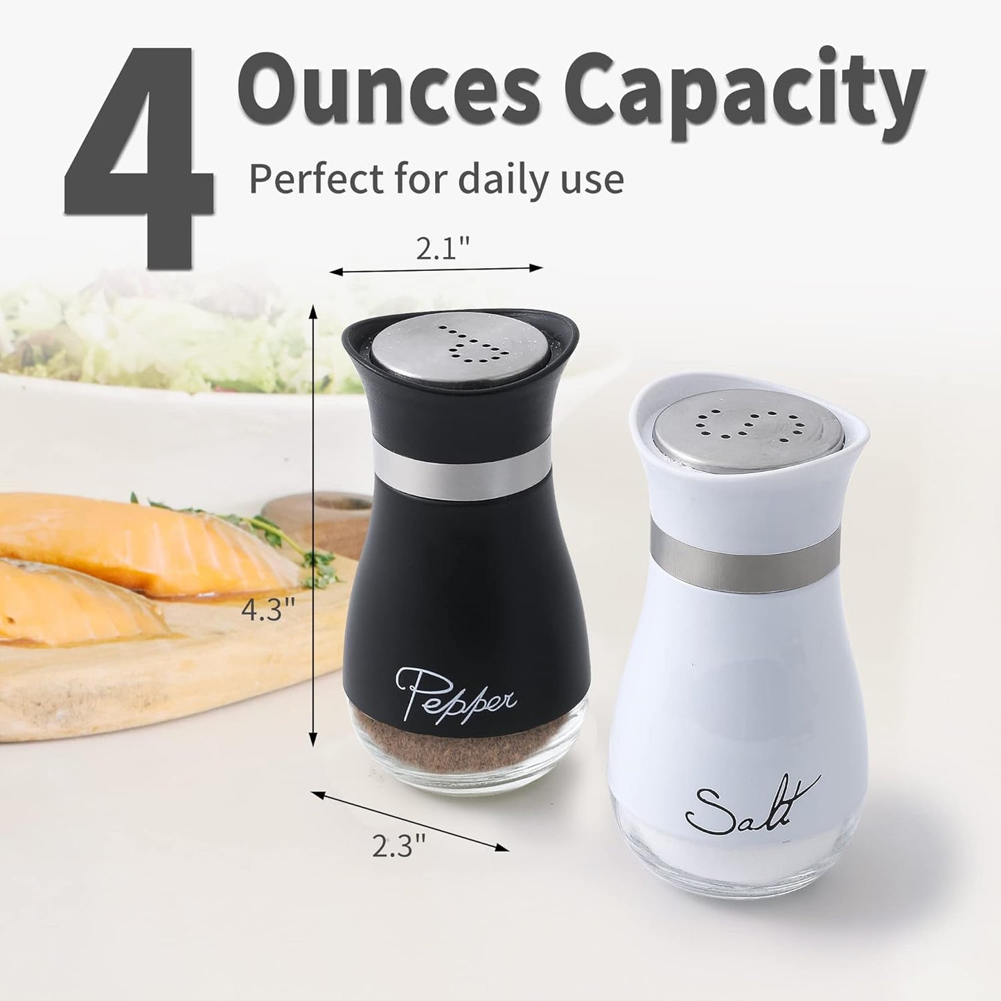 Salt and Pepper Shakers Set - Salt Containers for Kitchen Decor, 4 Oz Glass Bottom, Black and White, Set of 2