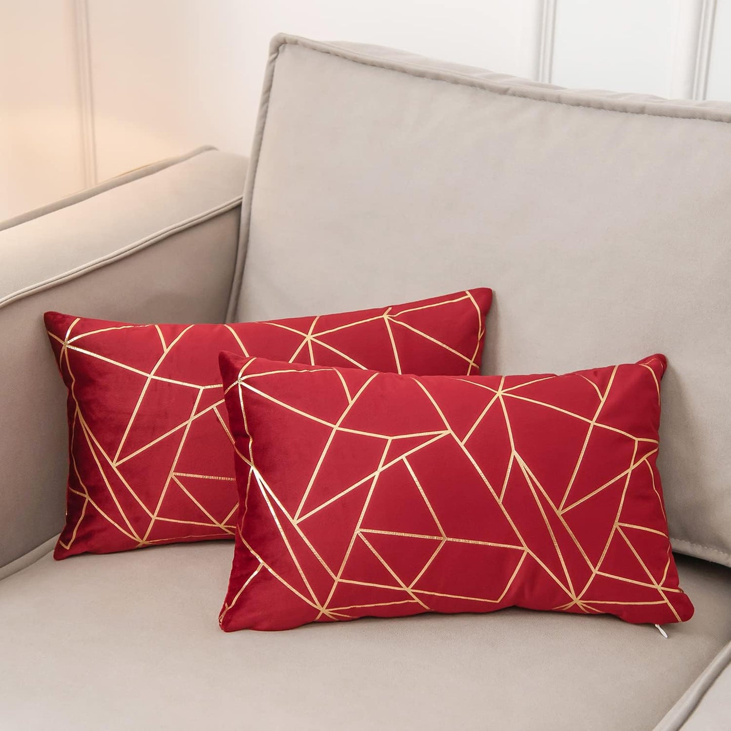 Pack of 2 Velvet Cushion Cases Decorative Gold Foil Geometric Pattern Throw Pillow Covers for Modern Homes Sofa Bedroom Couch Car Living Room Wine Red and Gold 12"X20"