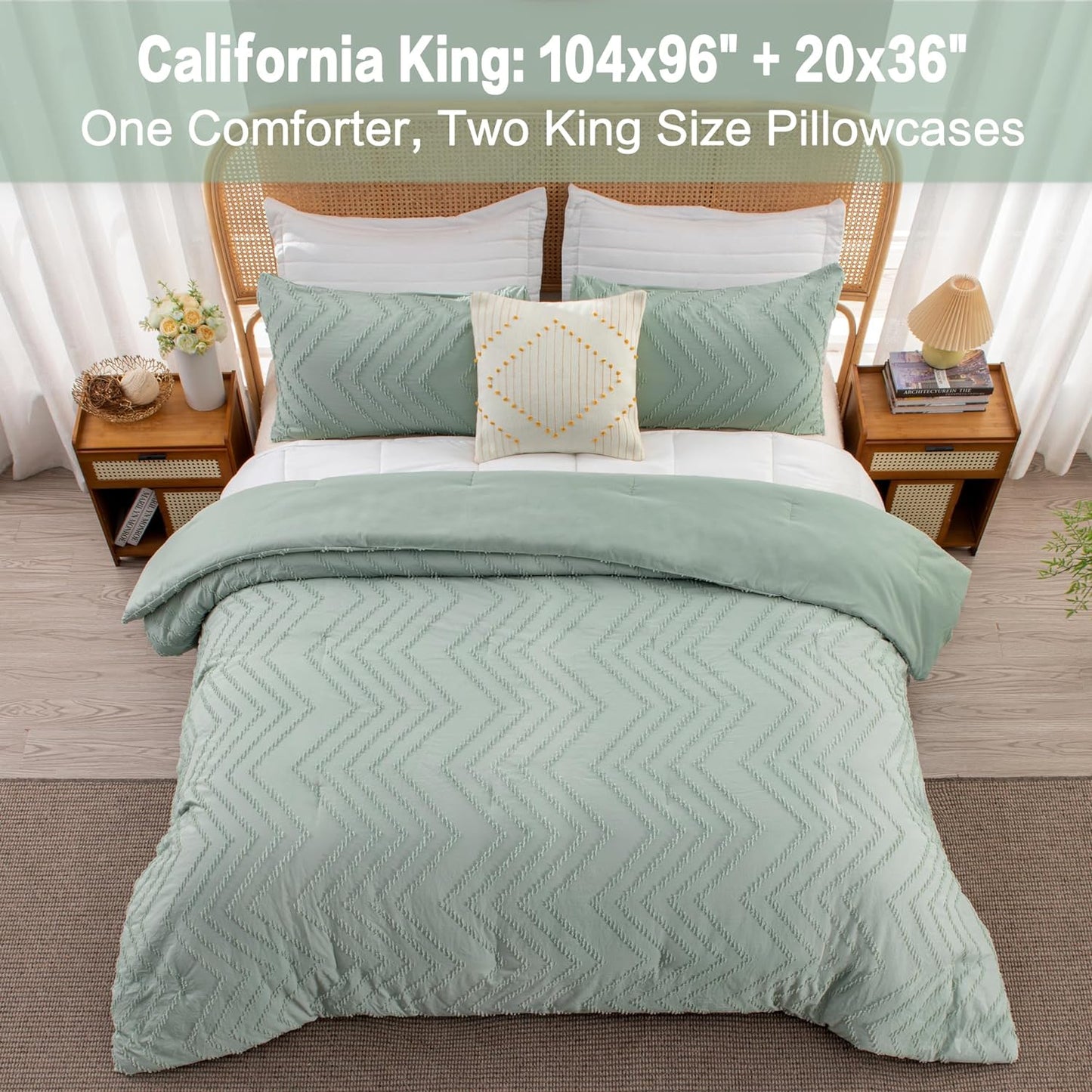 Sage Green California King Comforter Set, 3 Pieces, Fluffy Bed Set (104X96In Comforter & 2 Pillowcases)