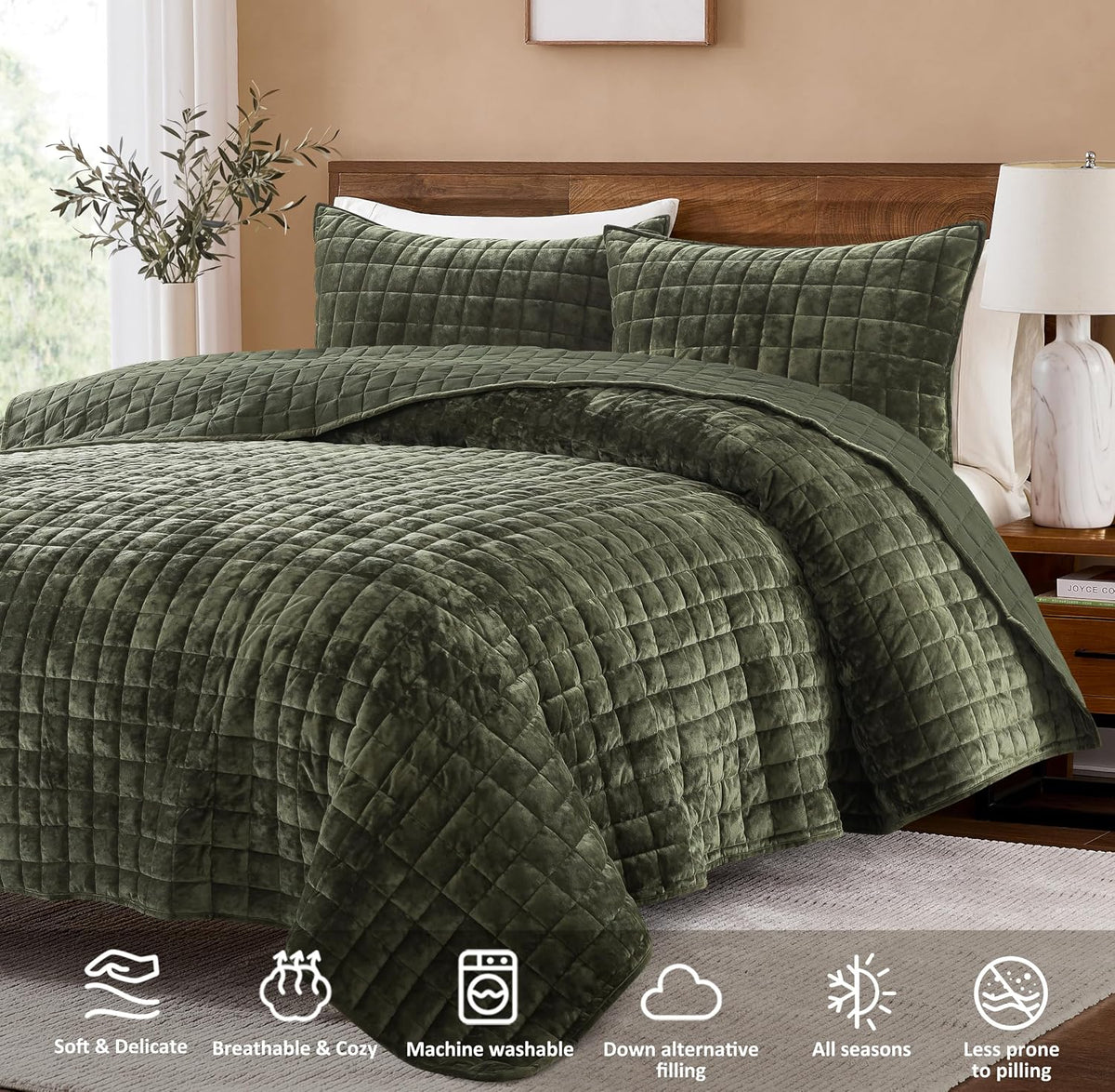 Channel Box Stitch Velvet Quilt Bedding Set, Queen, Olive Green