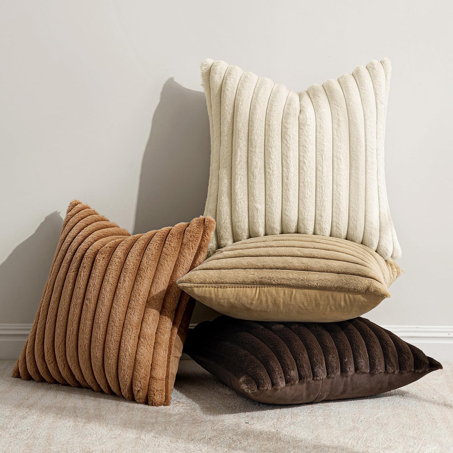 Faux Fur Plush Decorative Throw Pillow Covers 18X18 Set of 4,Brown