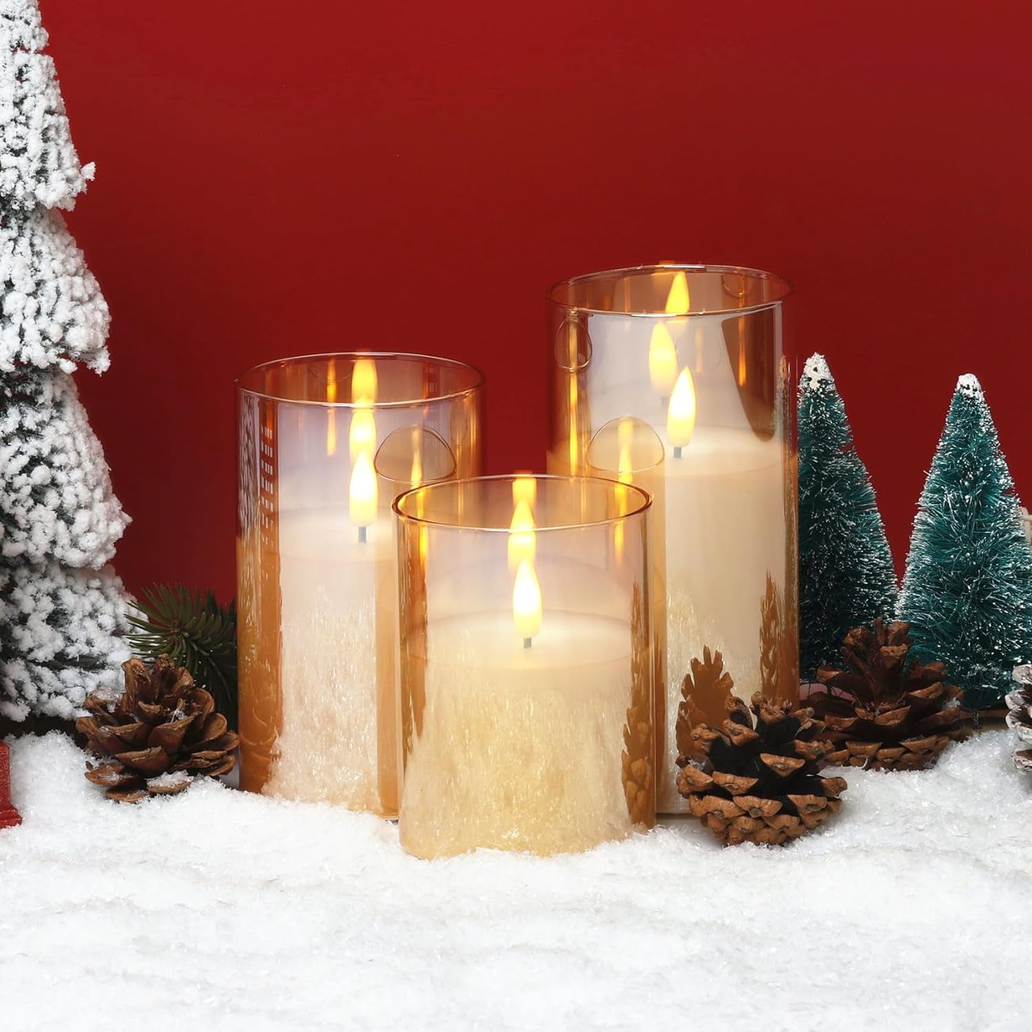 Gold Glass Flameless Pillar Candles with Remote, Flickering Battery LED Wax Candles Set of 3