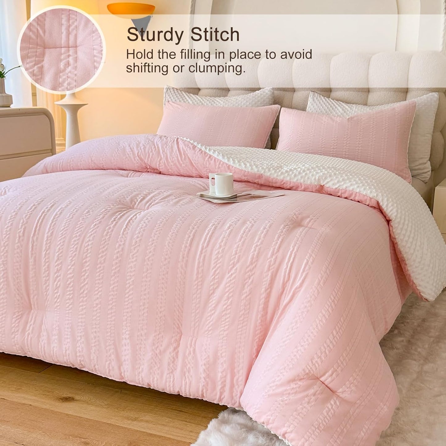 Boho Comforter Set, Full Size Striped Pleats Bohemian Seersucker Bedding Set, All Season Soft Cozy 3 Pieces Quilt with 2 Pillowcases(80"X90" Blush Pink)