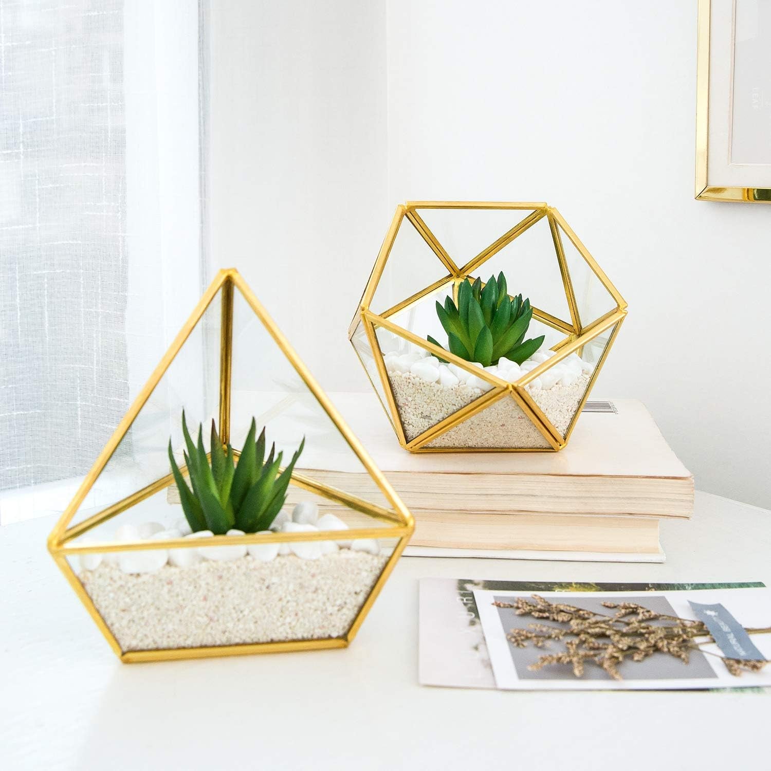 Artificial Succulent in 3 Pack Mini Glass Geometric Terrarium, Miniature Potted Faux Plant Bookshelf Desk, Gold