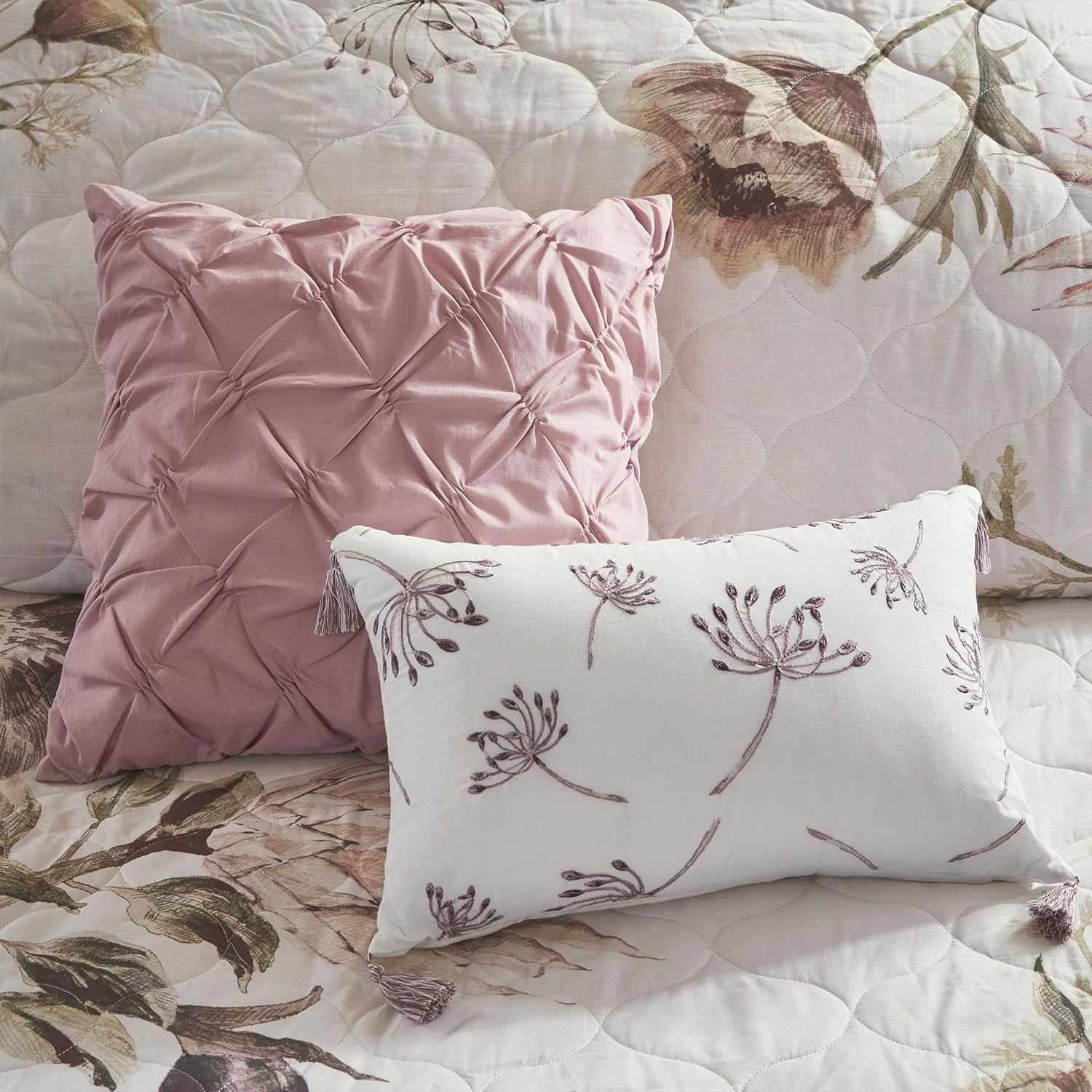 Cassandra Cotton Blend Comforter Set - Colorful Floral Print, Queen, Blush 8 Piece