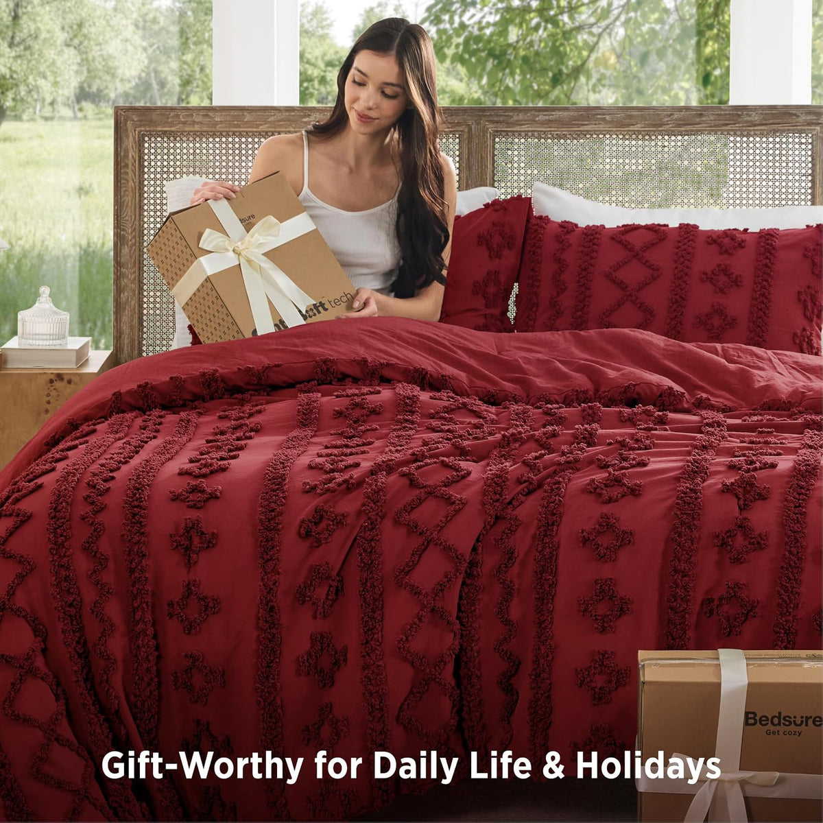 Tufted Boho Comforter Set Twin, Bedroom Decor Bedding Set Red