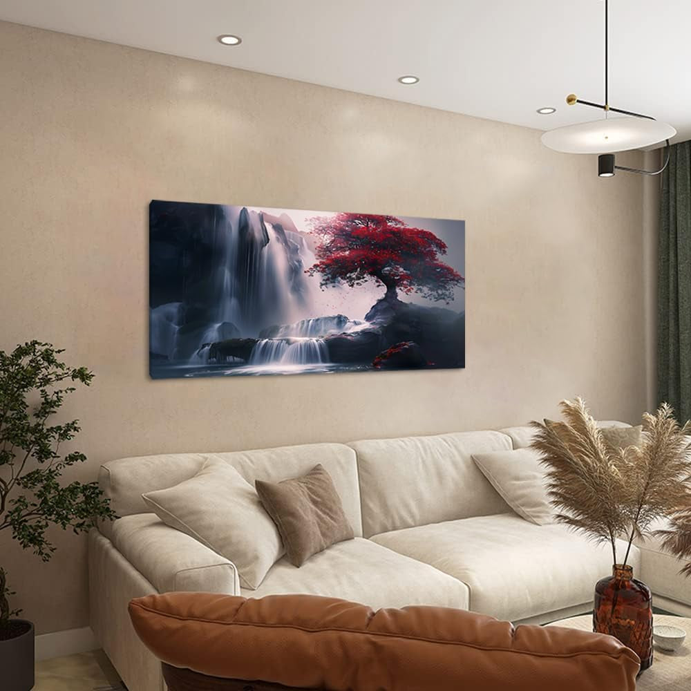 Red Leaf Tree Stand by Waterfall Landscape Canvas Wall Art 20X40 Inches