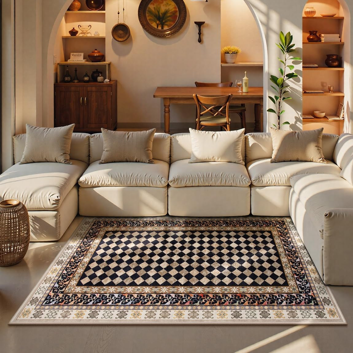 Washable Checkered 5X7 Area Rugs, Non-Slip Black and Brown (5X7)