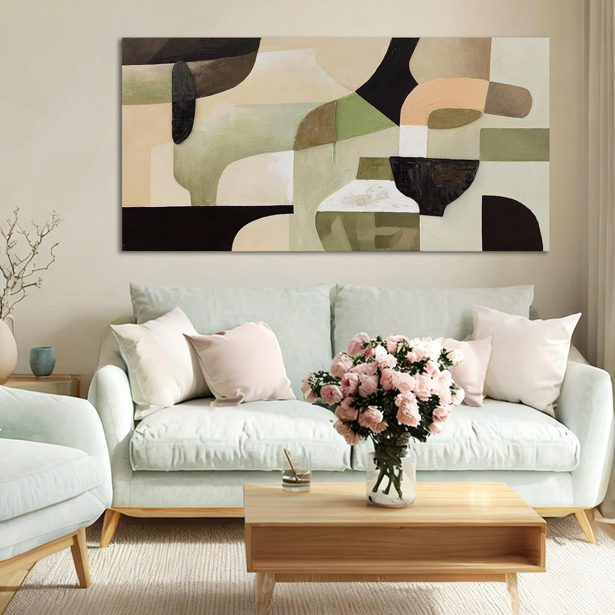 Modern Abstract Green Beige Canvas Wall Art for Living Room 24X48 Inch