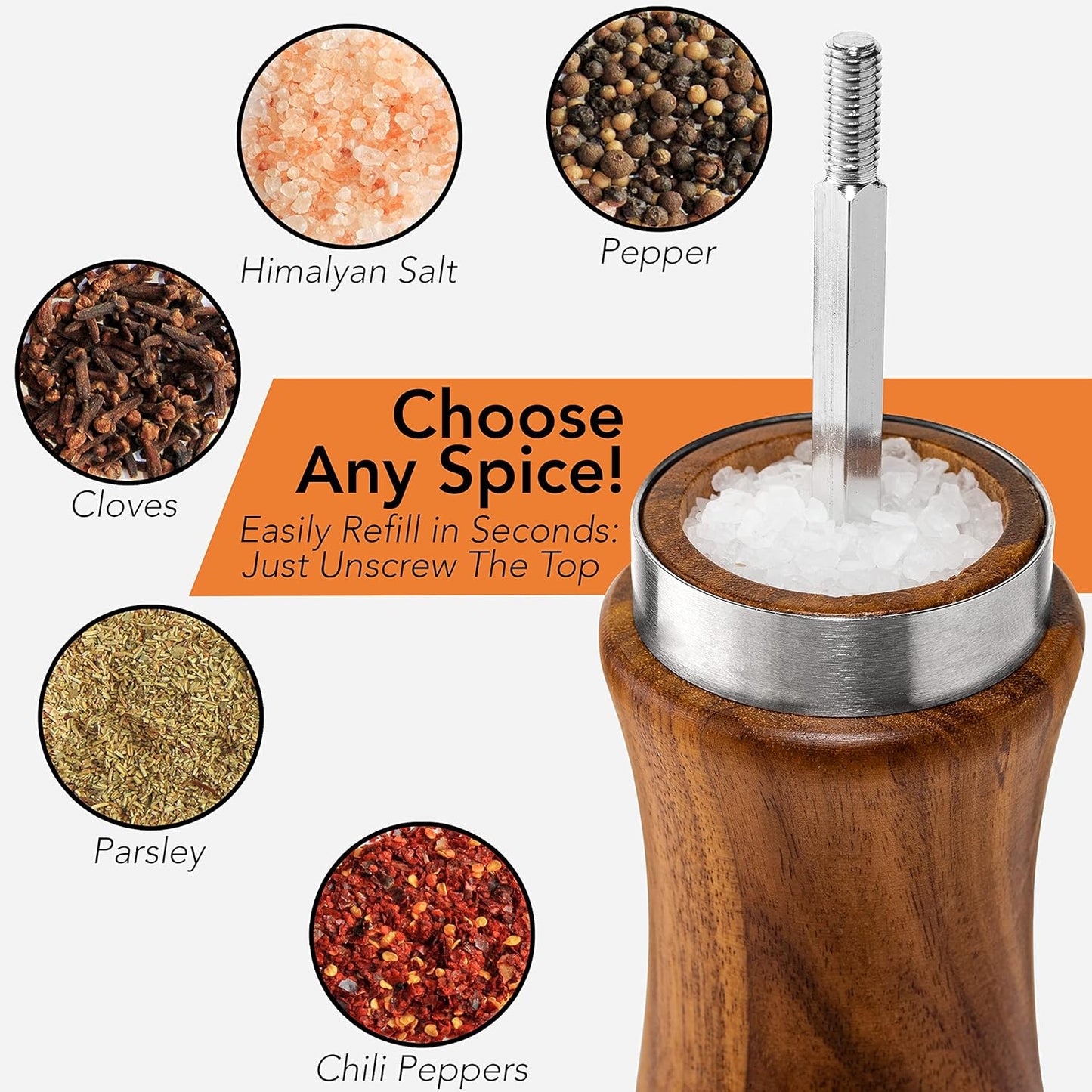 Wooden Salt and Pepper Grinder Set: Refillable Salt & Pepper Mills Adjust for Customized Coarseness, 8 Inches Each