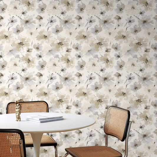 Beige Flower Watercolor Flower Peel and Stick Wallpaper, Honey Wheat Yellow, 17.3X393.7 Inch