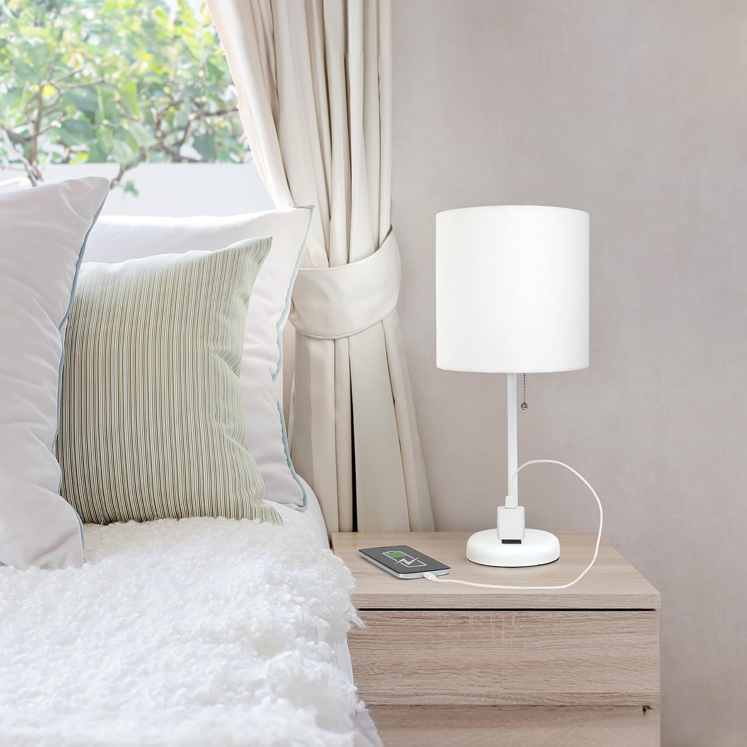 LT1144-WOW Sleek and Slender White Table Lamp with Charging Outlet for Bedroom, White Shade