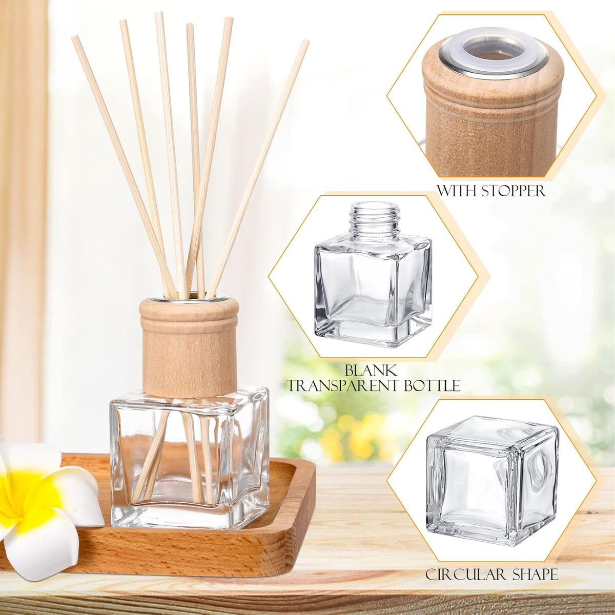 4 Set Reed Diffuser Bottles 50Ml Glass Wooden Caps Rattan Sticks