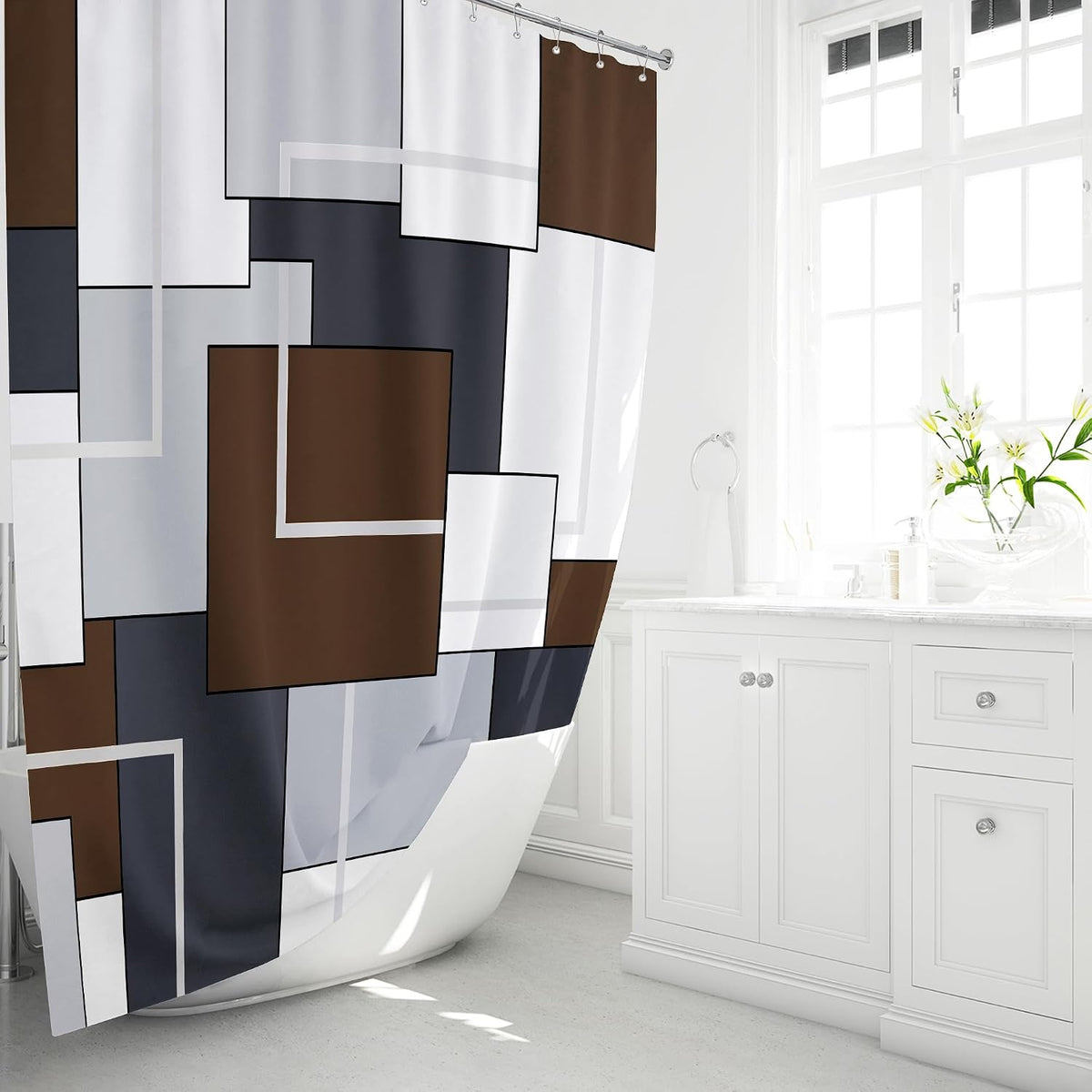 Brown Long Modern Geometric Waterproof Fabric Shower Curtain, 72 X 96