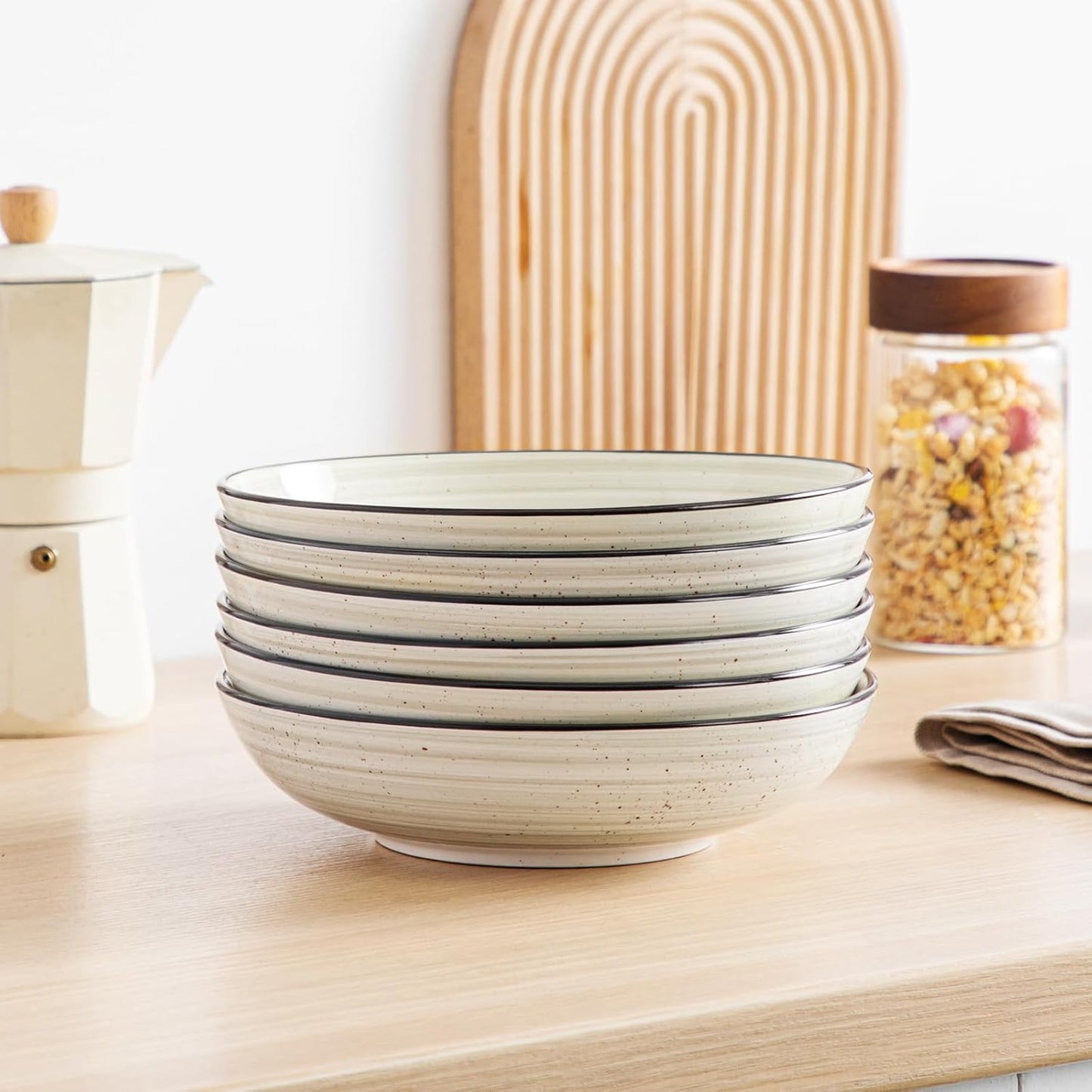 Bonbon Pasta Bowls Set of 6, 38 Oz Ceramic Salad Bowls, Wide and Shallow Bowls Set, Large Serving Bowls for Kitchen, Beige