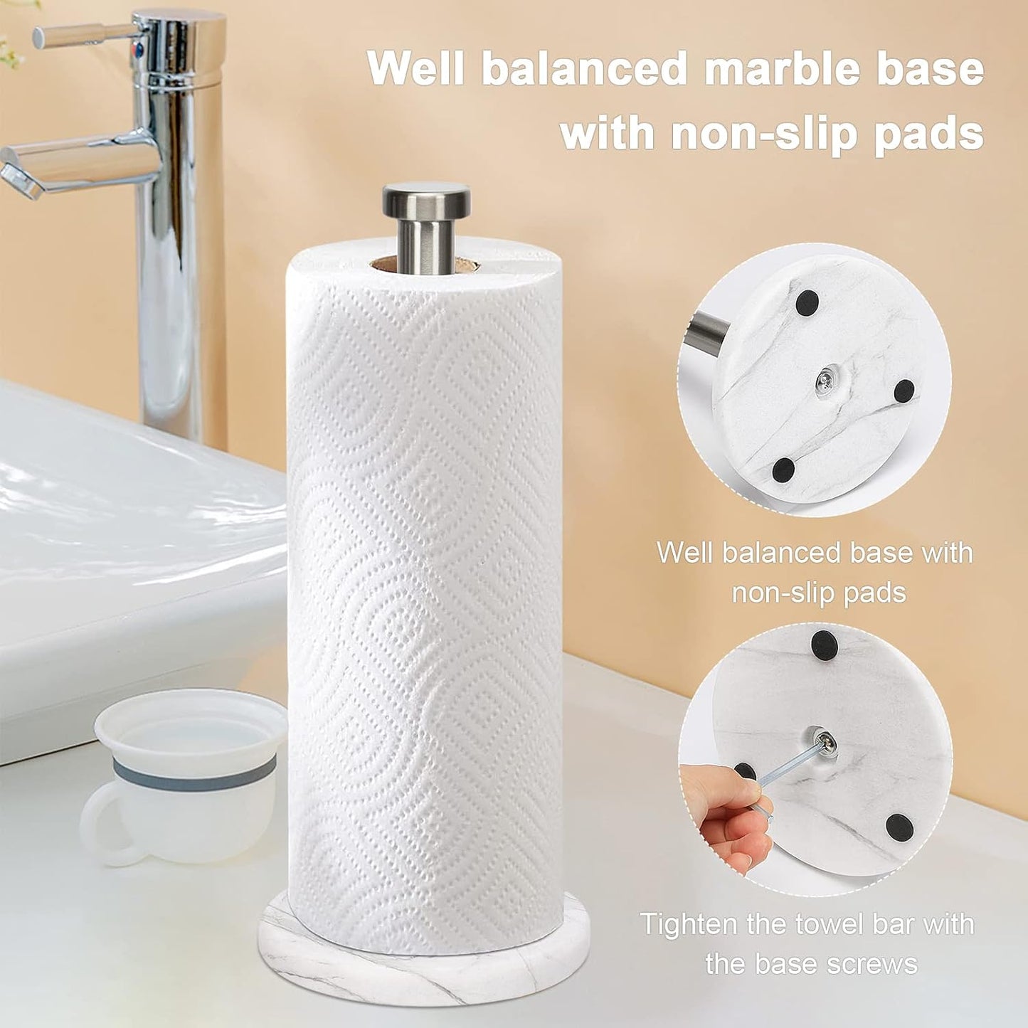 Standing Paper Towel Holder for Kitchen-Standard or Jumbo-Sized Roll Paper (With Marble Base, Brushed Nickel)