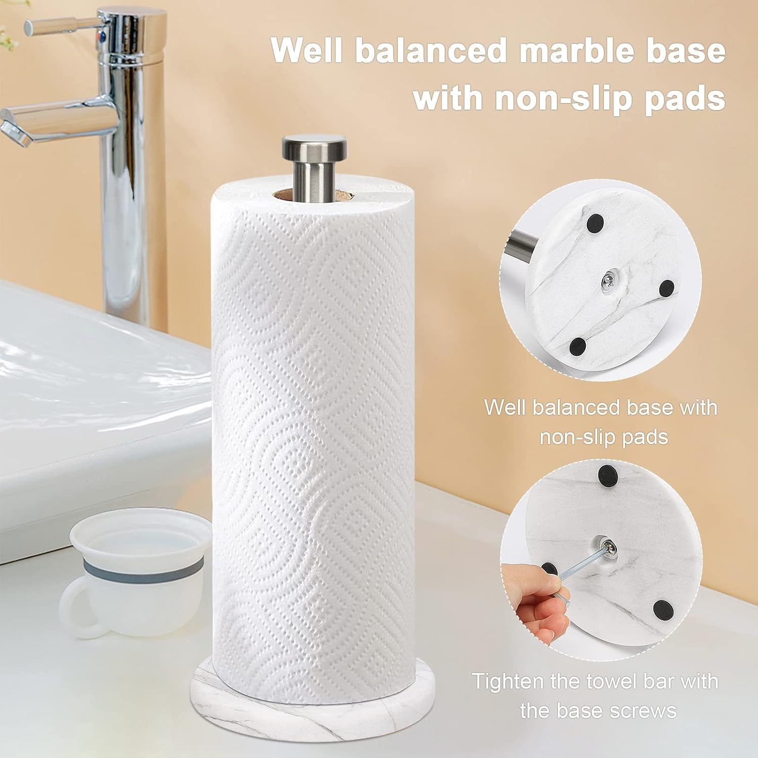 Standing Paper Towel Holder for Kitchen-Standard or Jumbo-Sized Roll Paper (With Marble Base, Brushed Nickel)