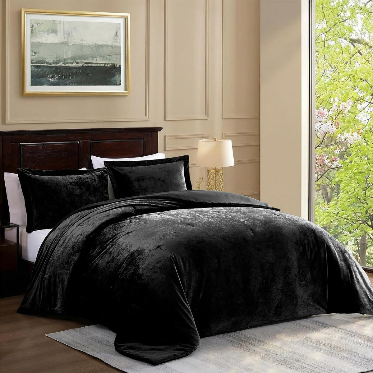 Velvet Comforter King, Luxuriously Soft King Size Comforter Set, Lightweight Bed Set for All Seasons, Oversized Comforter (108"X96") with 2 Matching Shams (20"X36"), Black