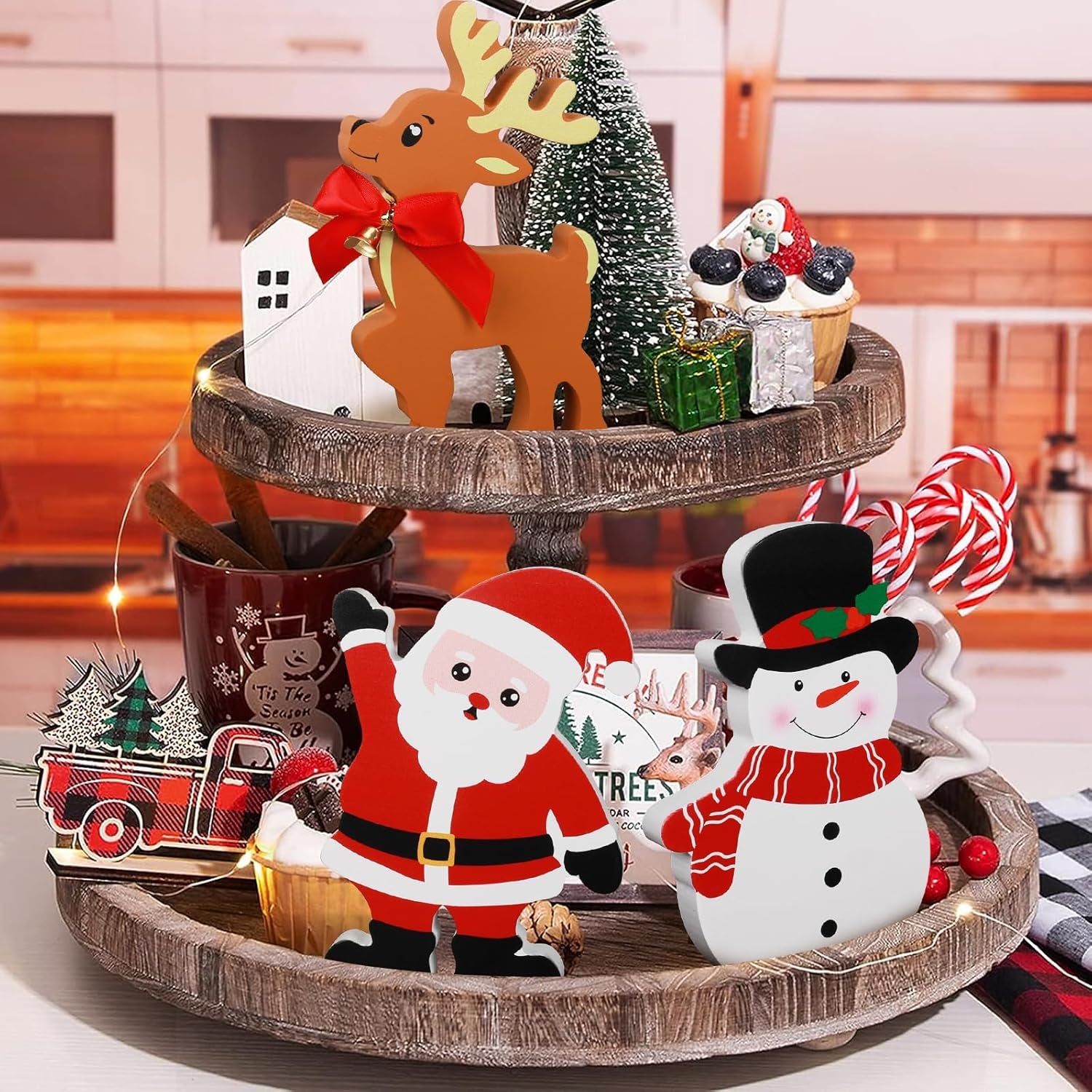 Snowman Christmas Decorations Indoor, Set of 3, Wooden (Santa Claus Reindeer)
