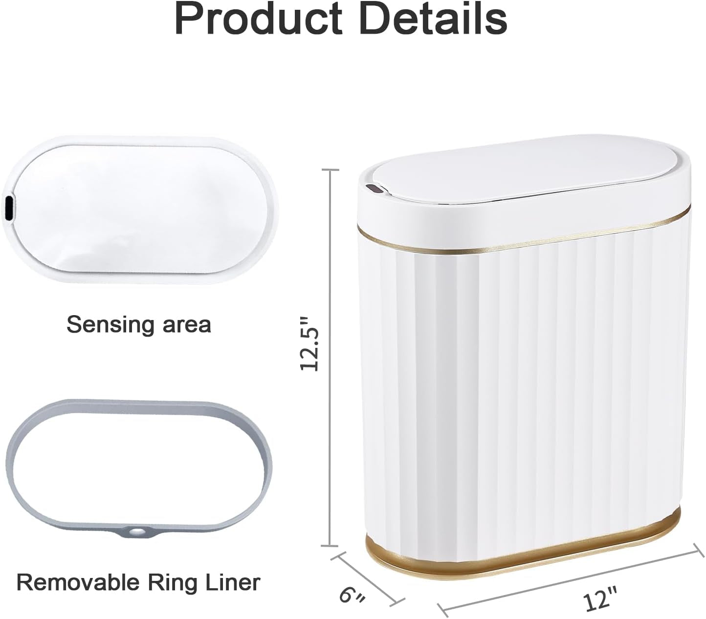 Automatic Motion Sensor Trash Can - 2 Gallon Slimline for Bathroom, Bedroom, Kitchen, Office - White with Gold Trim