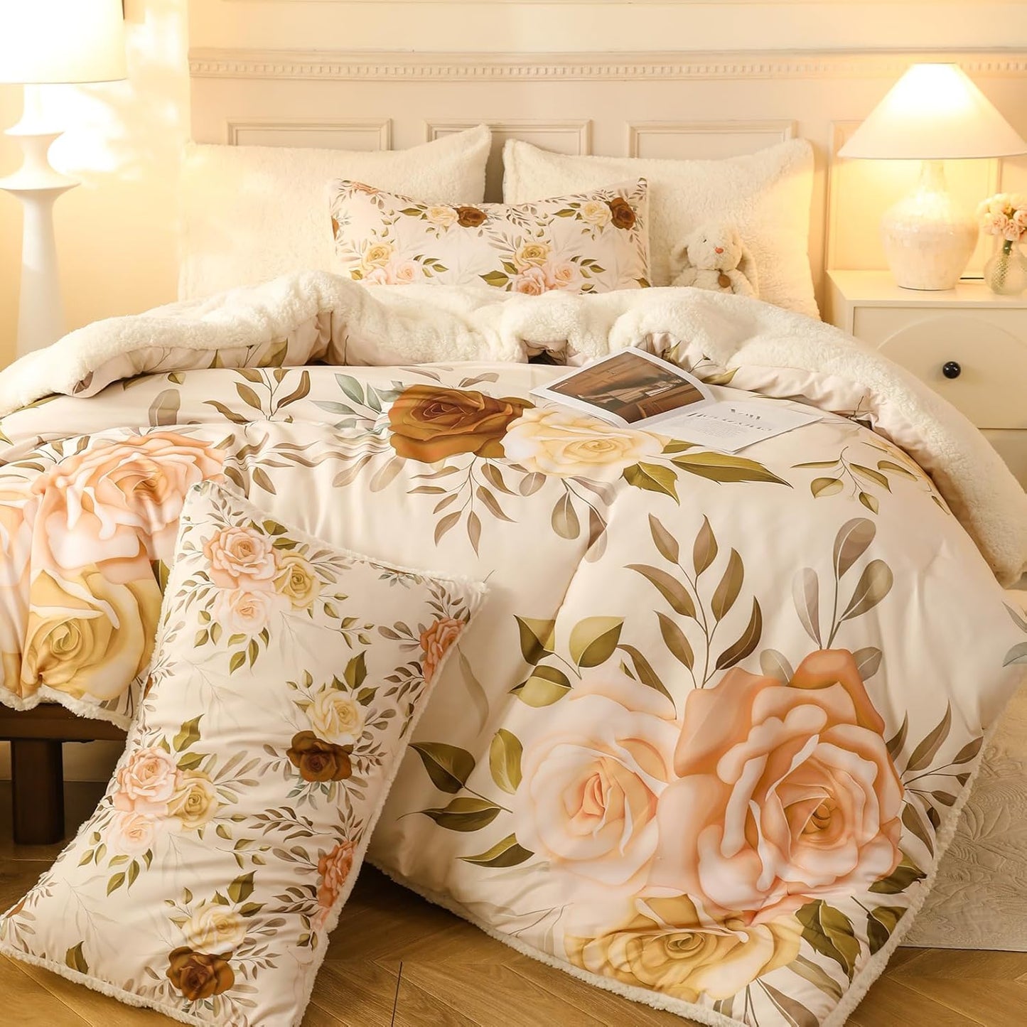 Floral Print Sherpa Comforter Set - Queen Size 3 Pieces Elegant Flowers Botanical Bedding Set, 90X90 In