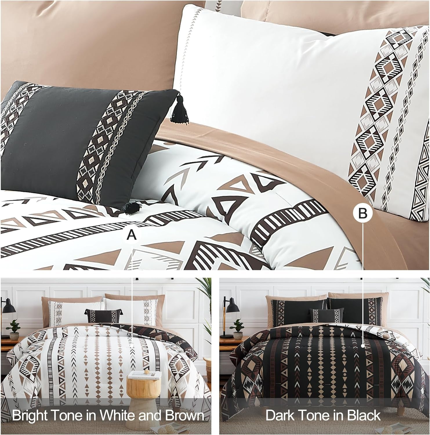 Boho Aztec Queen Size Comforter Set 8 Pieces, Lightweight, Warm and Breathable (Brown, 90"X90")