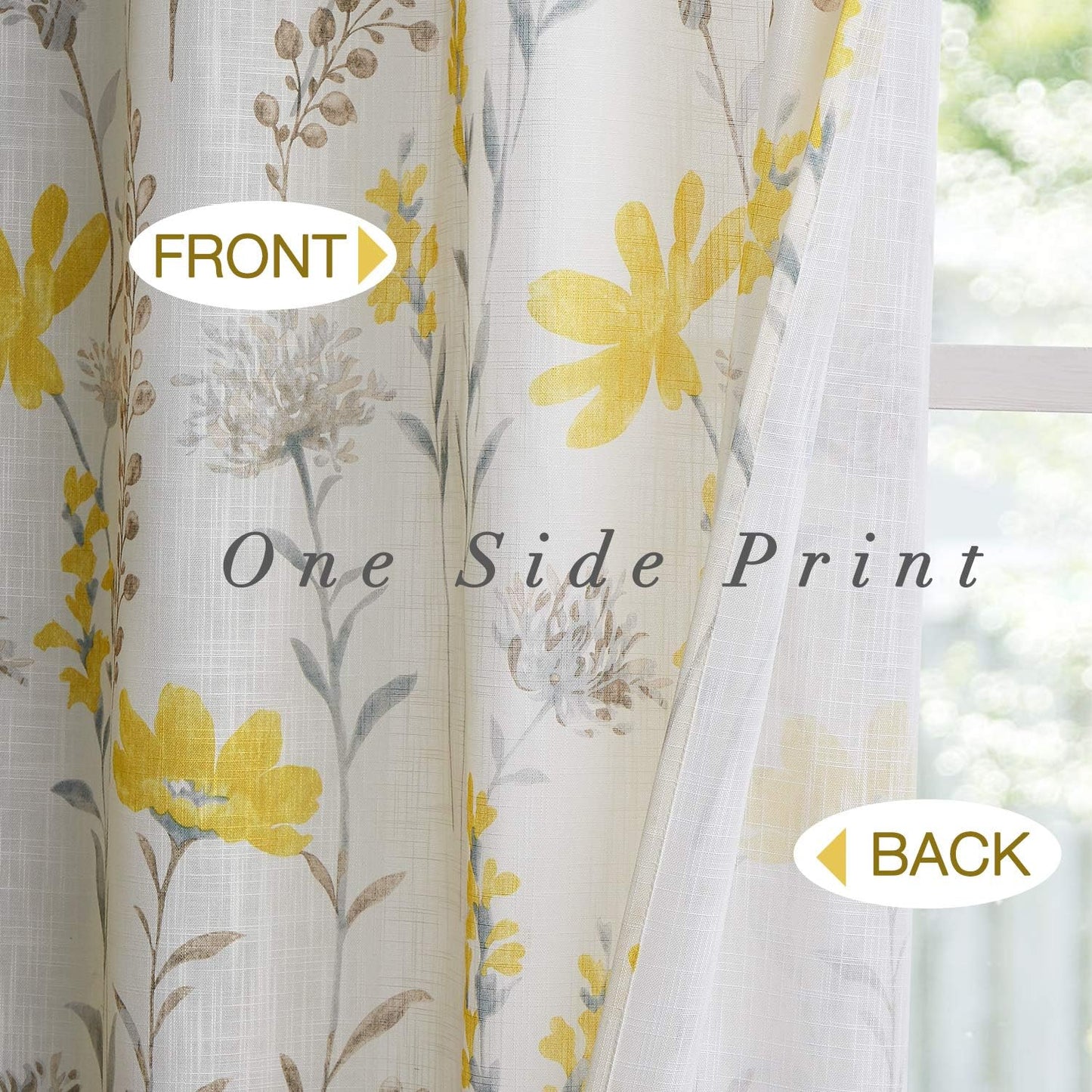 Printed Sheer Curtains Linen Textured for Living Room, Floral Leaf Design Farmhouse Style, 52 X 84 Inch, Yellow