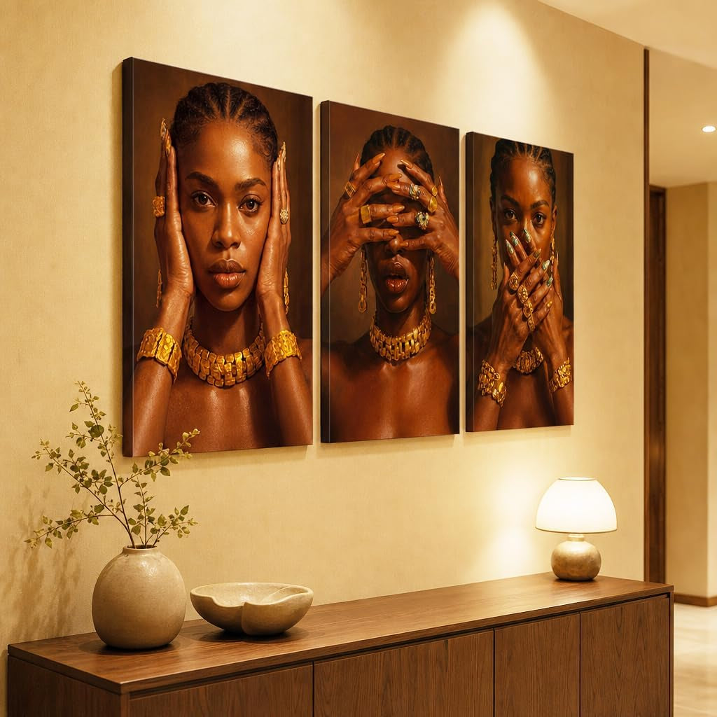 Set of 3 Framed Canvas Wall Art African Woman Portrait Wall Decor Modern Brown Gold Artwork Prints Luxury Fashion Poster Pictures for Living Room Bedroom Office Home Decoration 12X16 Inch