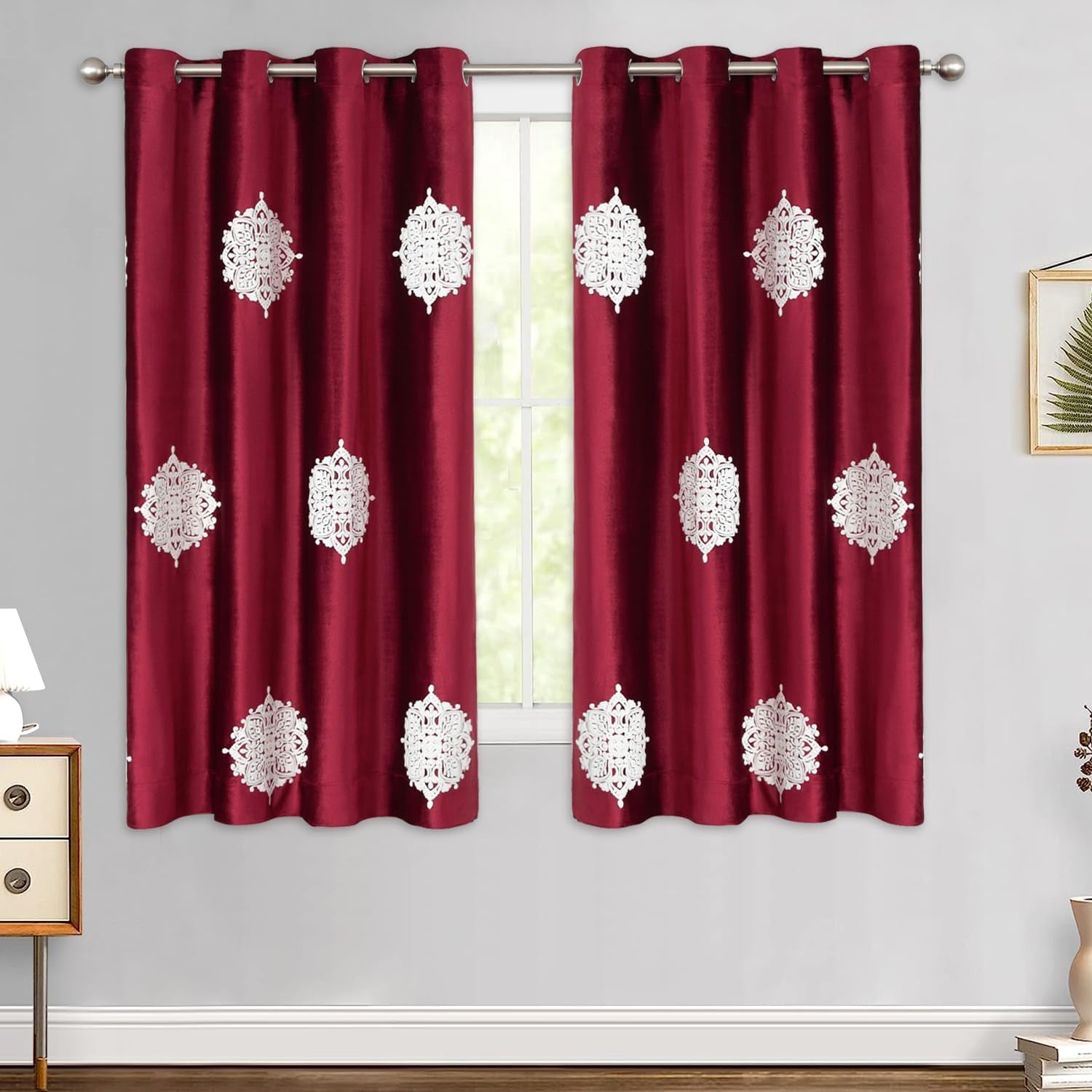 Short Floral Curtains & Drapes, Burgundy Red Velvet, Elegant Panels, 52X63, 2 Pieces