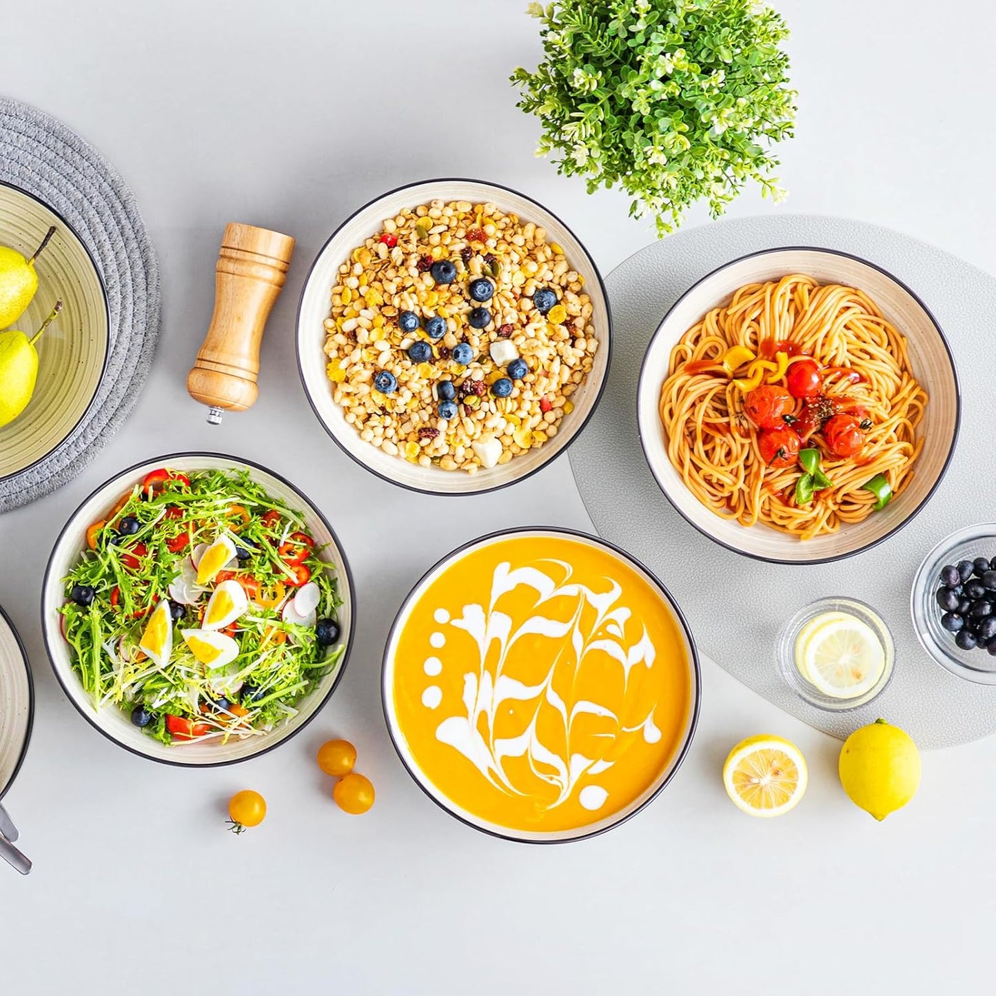 Bonbon Pasta Bowls Set of 6, 38 Oz Ceramic Salad Bowls, Wide and Shallow Bowls Set, Large Serving Bowls for Kitchen, Beige