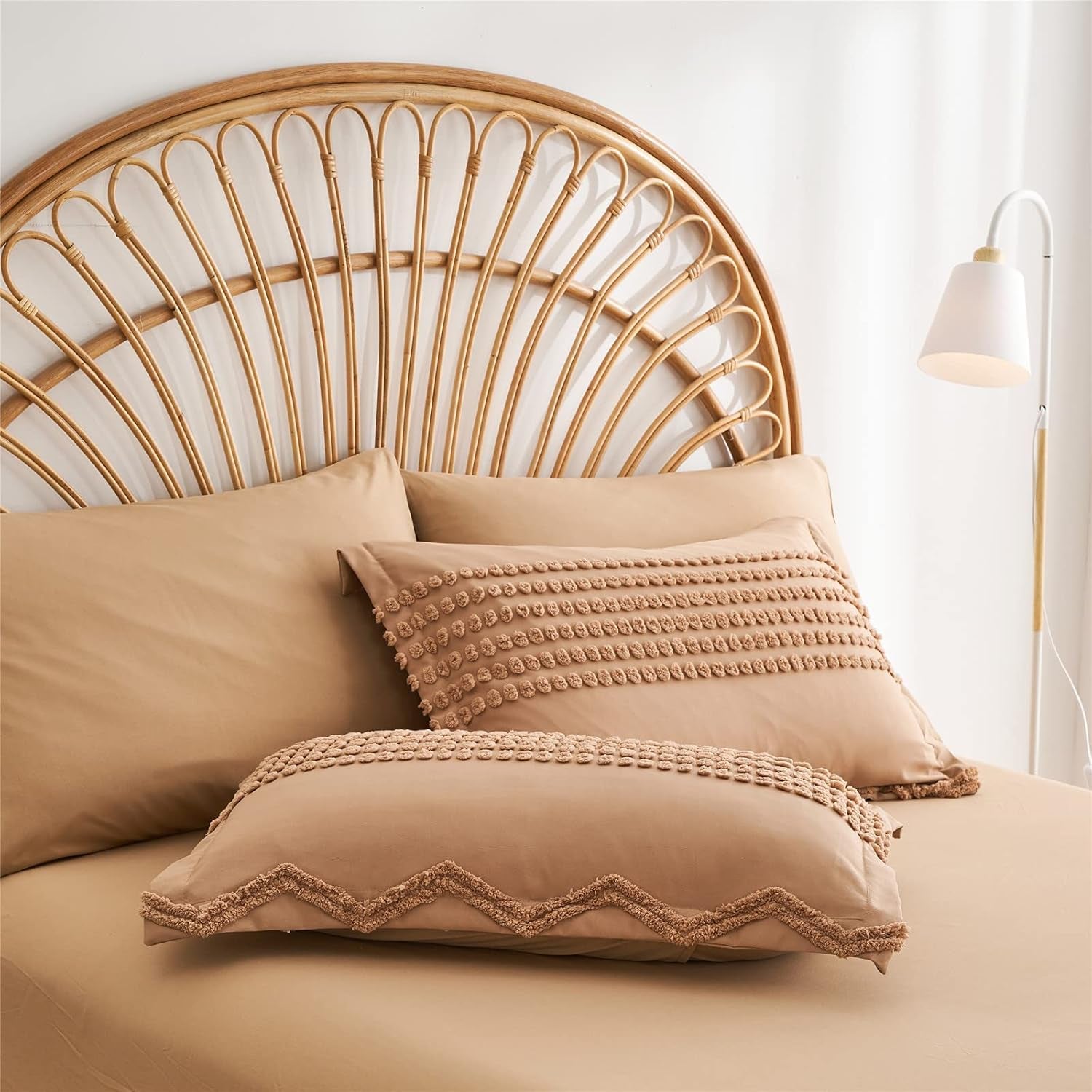 Khaki Tufted Comforter Set, King Size 7 Piece Bed in a Bag, Shabby Chic Boho Comforter and Sheet Set, All Season (Khaki,King)