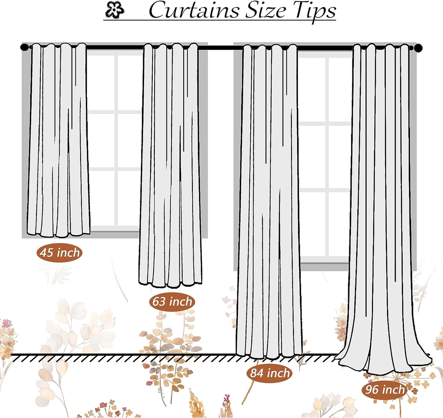 Floral Pattern Curtains ,52X84 Inches Long, Rust Colored Brown and White, 2 Panels